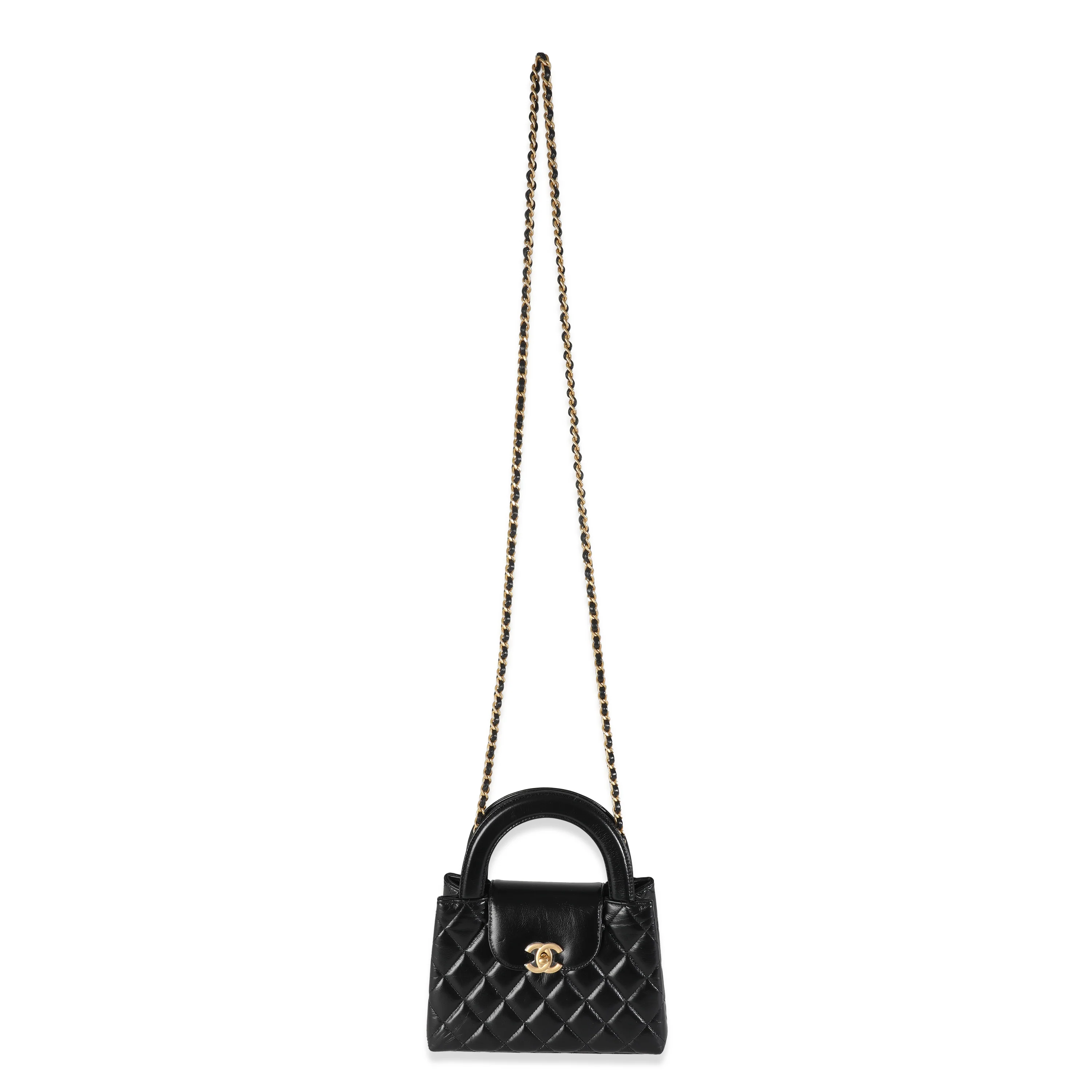 Black Shiny Aged Calfskin Quilted Nano Kelly Shopper - Image 8