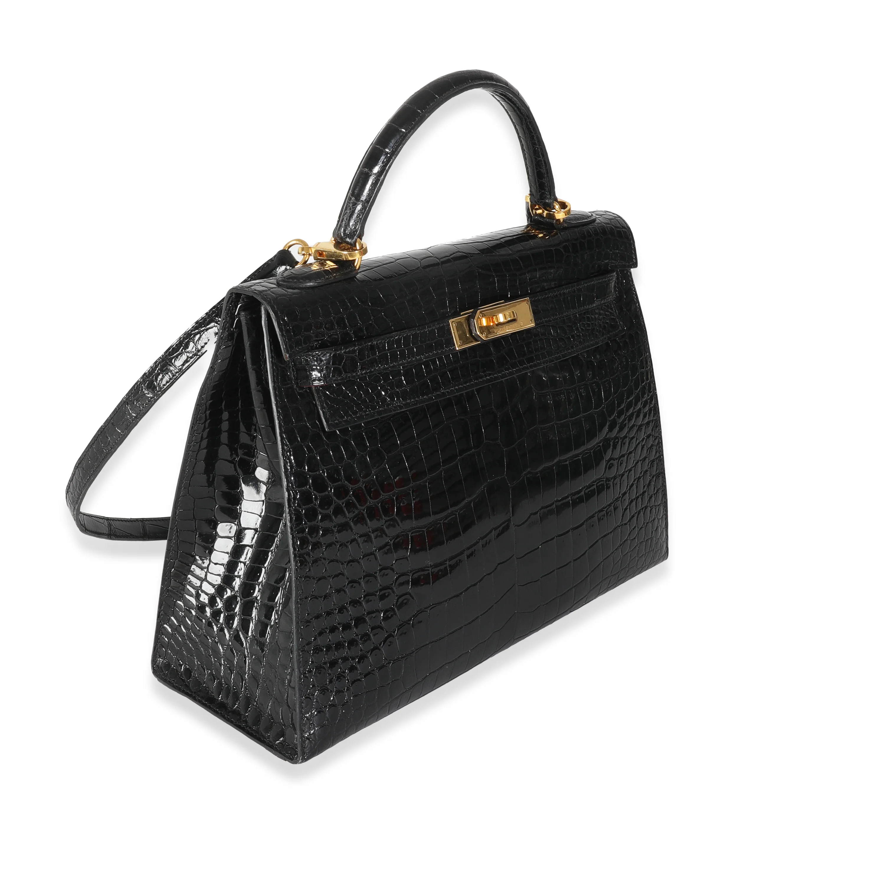 Vintage Black Porosus Crocodile Sellier Kelly 32 GHW - Image 3