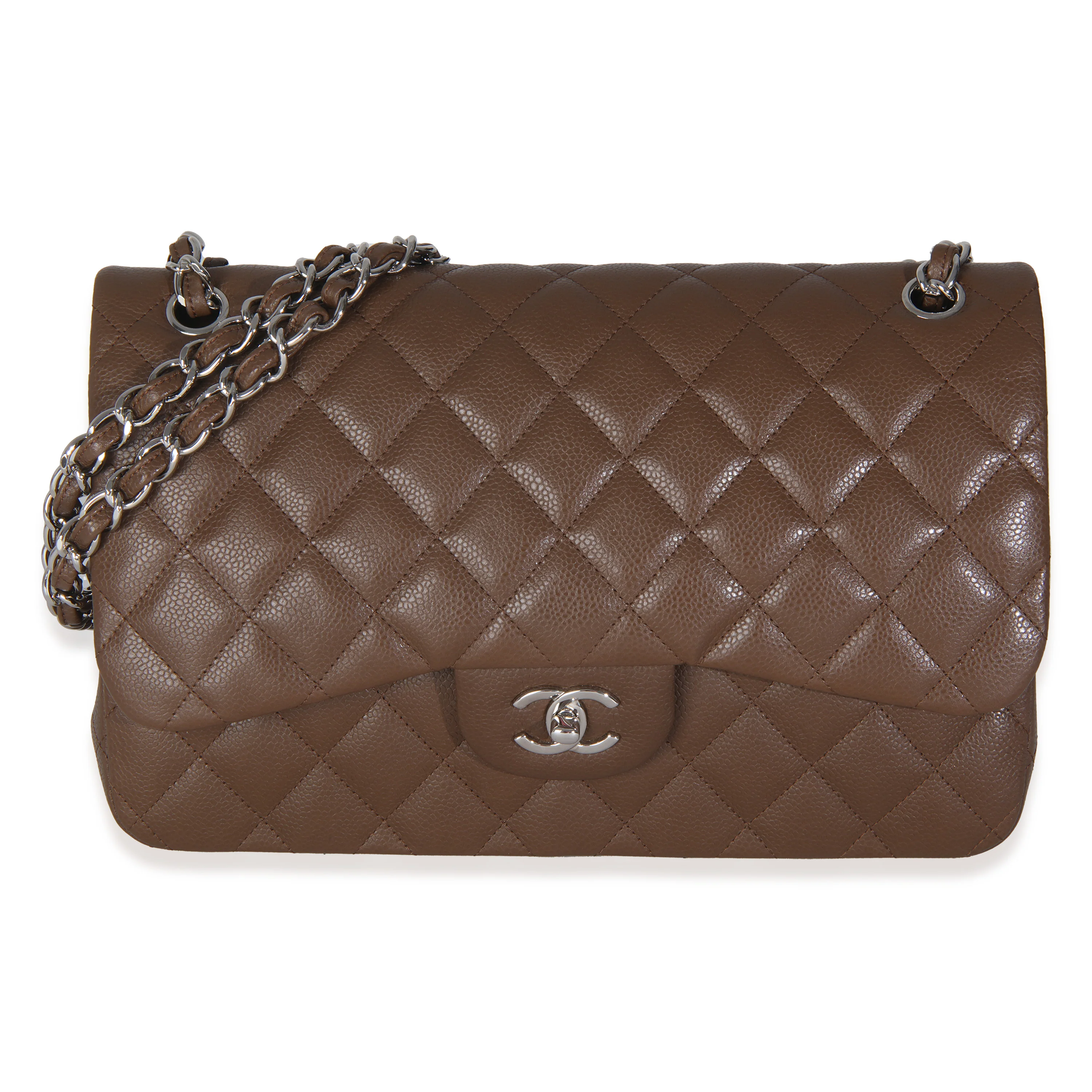 Dark Brown Quilted Caviar Jumbo Double Flap Handbag