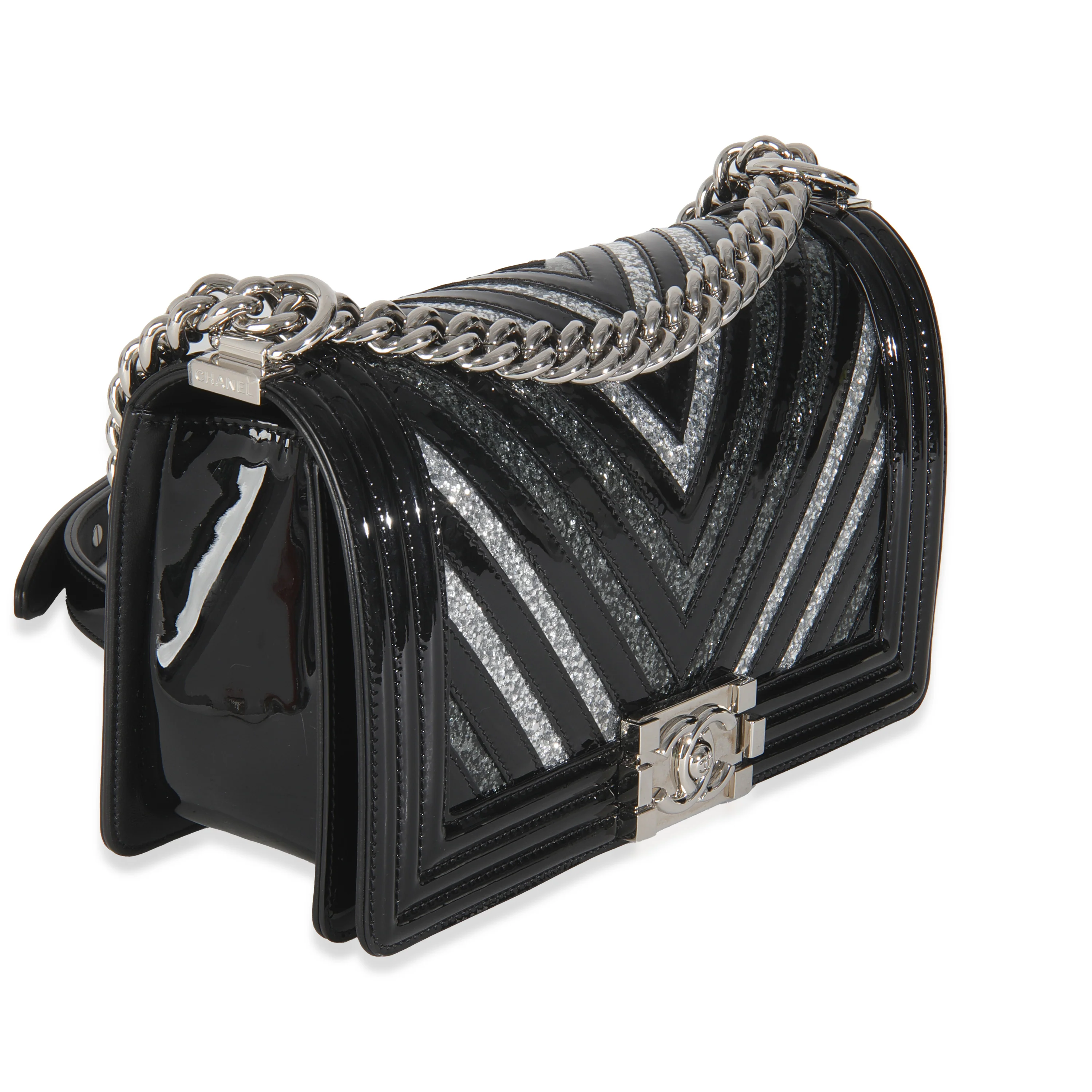 Black Patent Chevron Glitter PVC Old Medium Boy Bag - Image 2