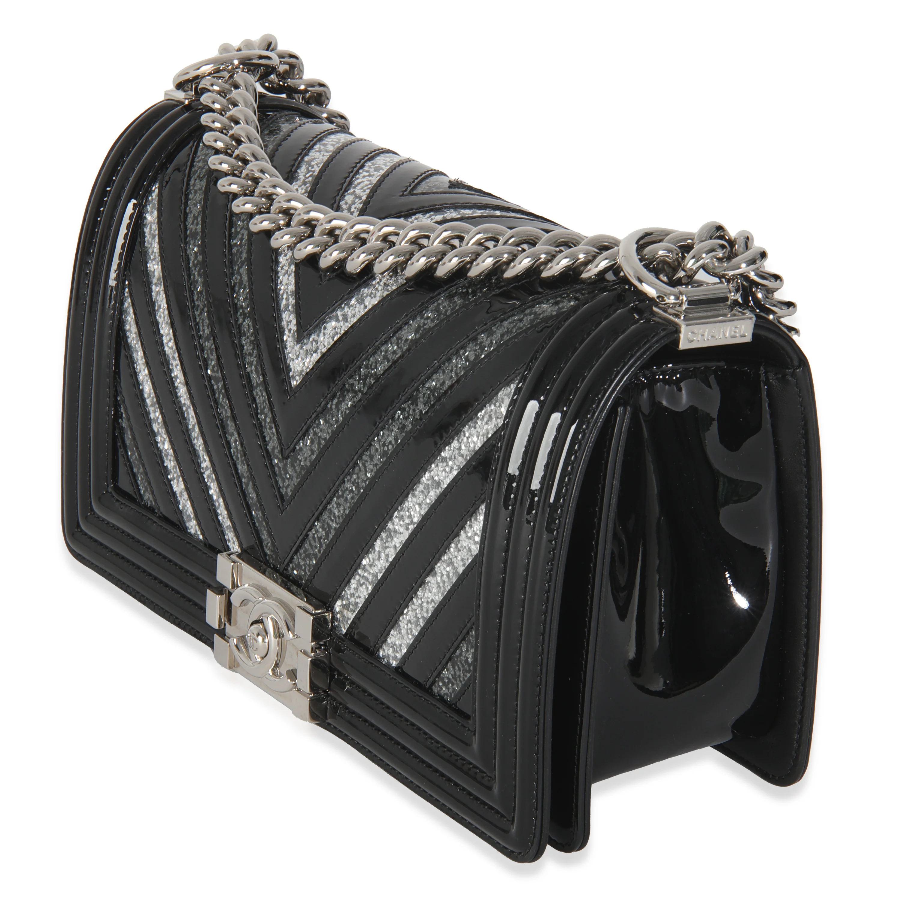 Black Patent Chevron Glitter PVC Old Medium Boy Bag - Image 3