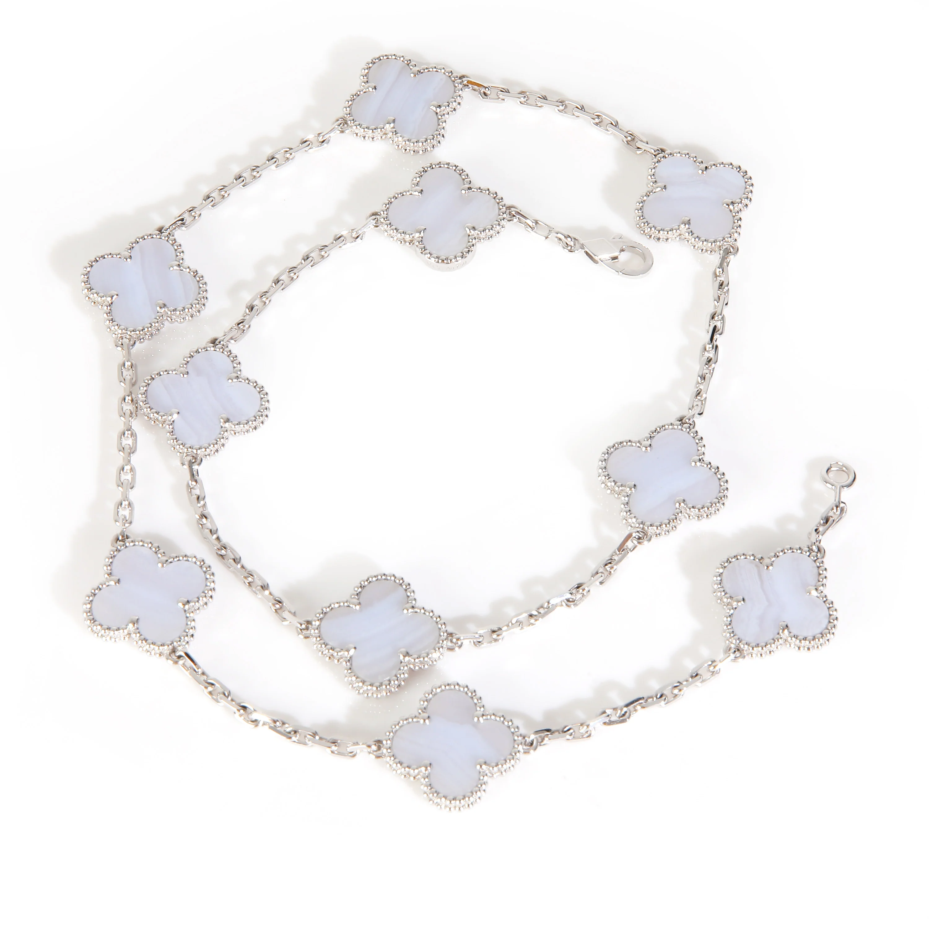 White Gold Chalcedony Vintage Alhambra 10 Station Necklace - Image 6