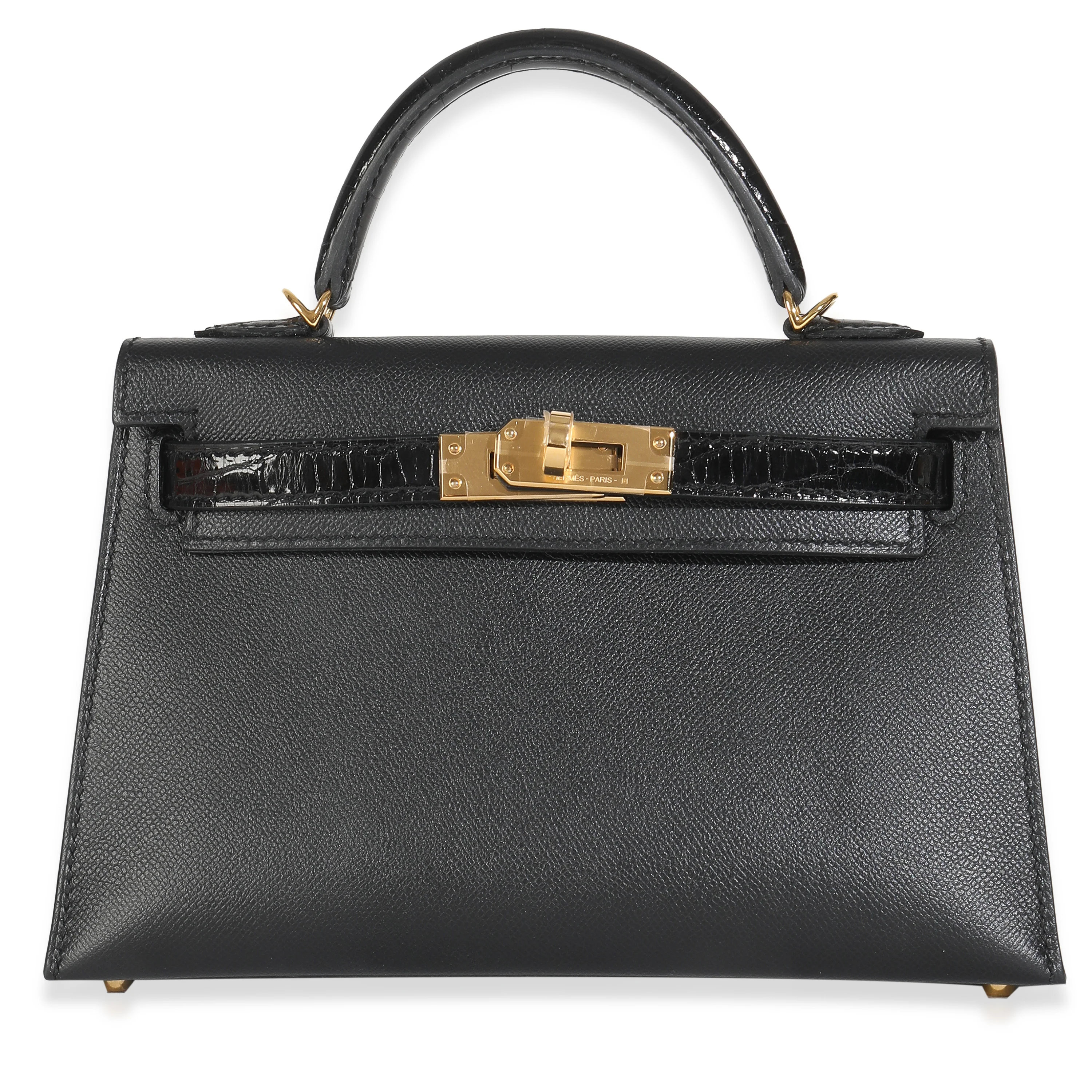 Black Madame Calfskin Shiny Alligator Sellier Mini Kelly II 20 GHW