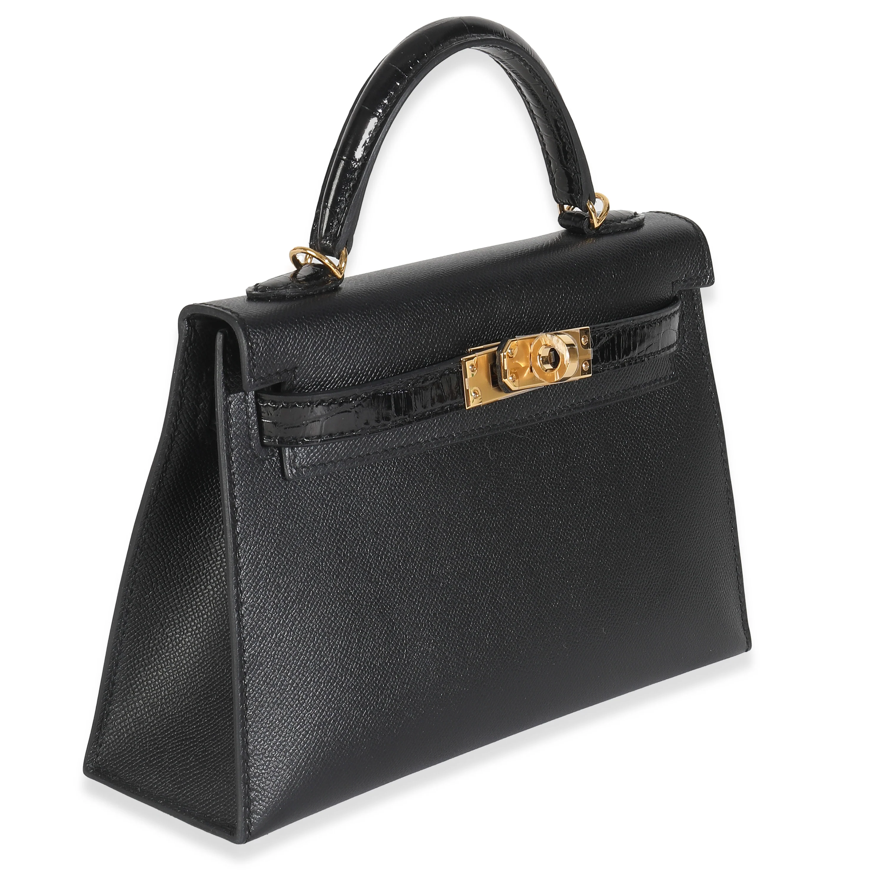 Black Madame Calfskin Shiny Alligator Sellier Mini Kelly II 20 GHW - Image 4