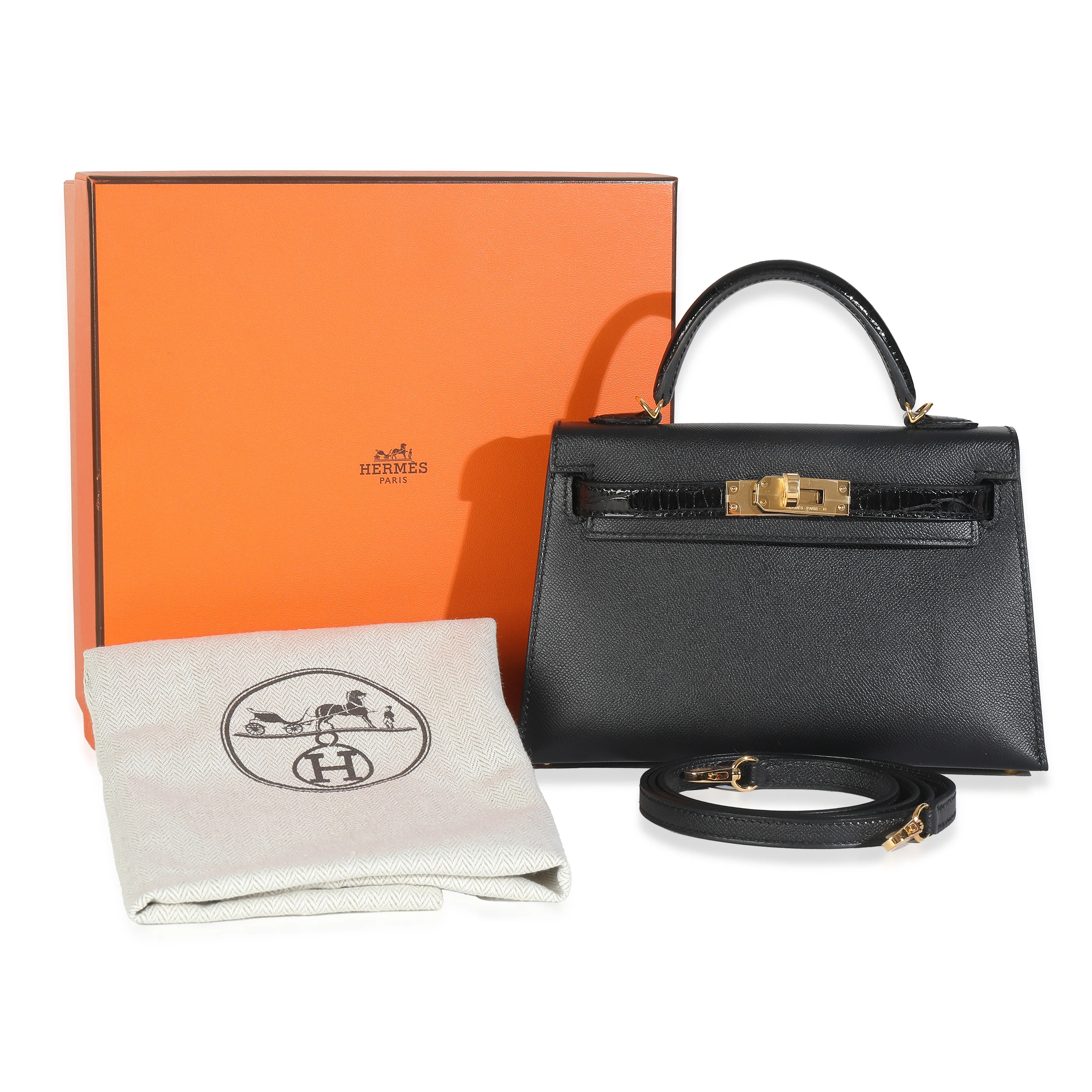 Black Madame Calfskin Shiny Alligator Sellier Mini Kelly II 20 GHW - Image 9