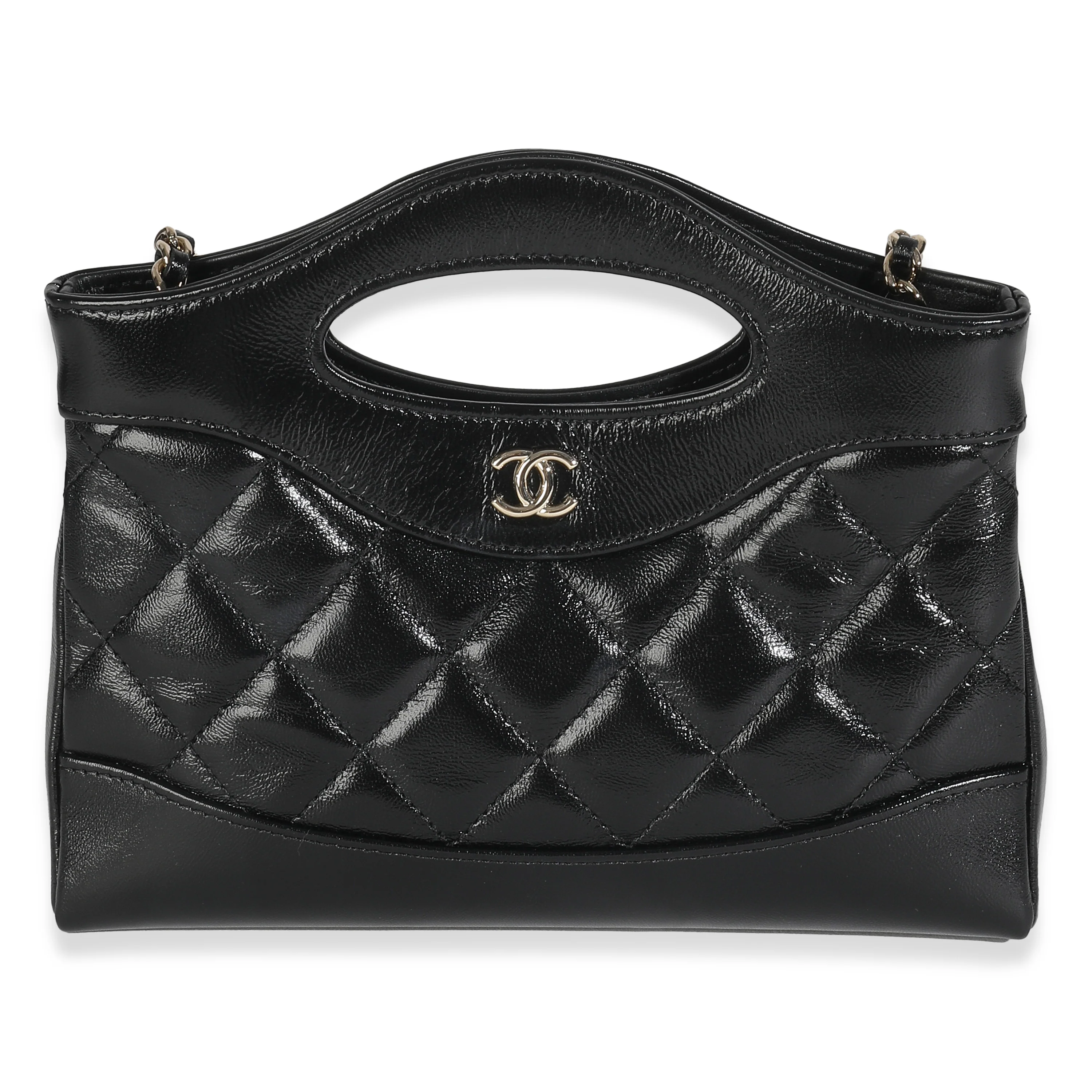 Black Shiny Crumpled Calfskin Quilted Nano 31 Shopping Bag