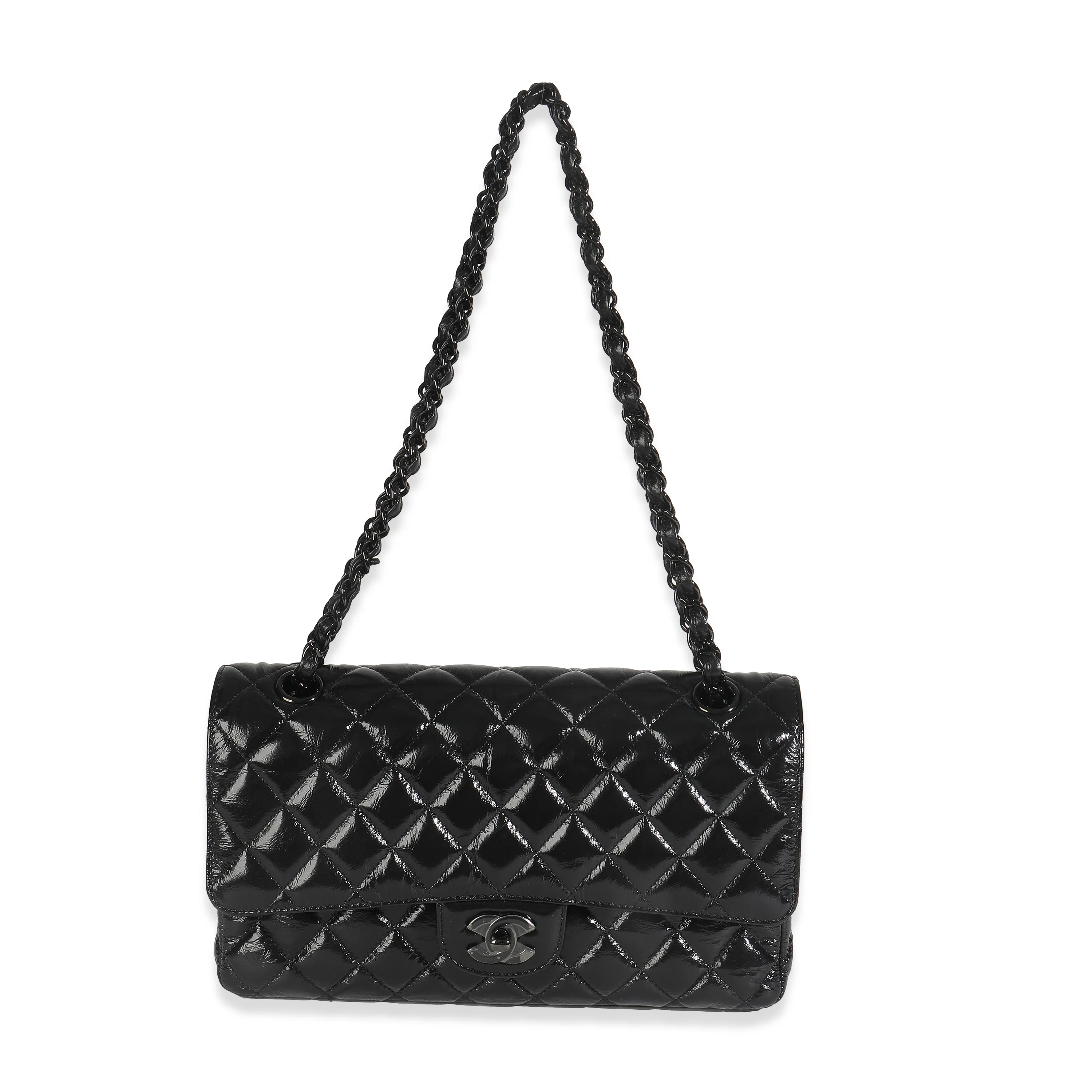 So Black Shiny Crumpled Quilted Calfskin Medium Classic Double Flap Bag - Image 8