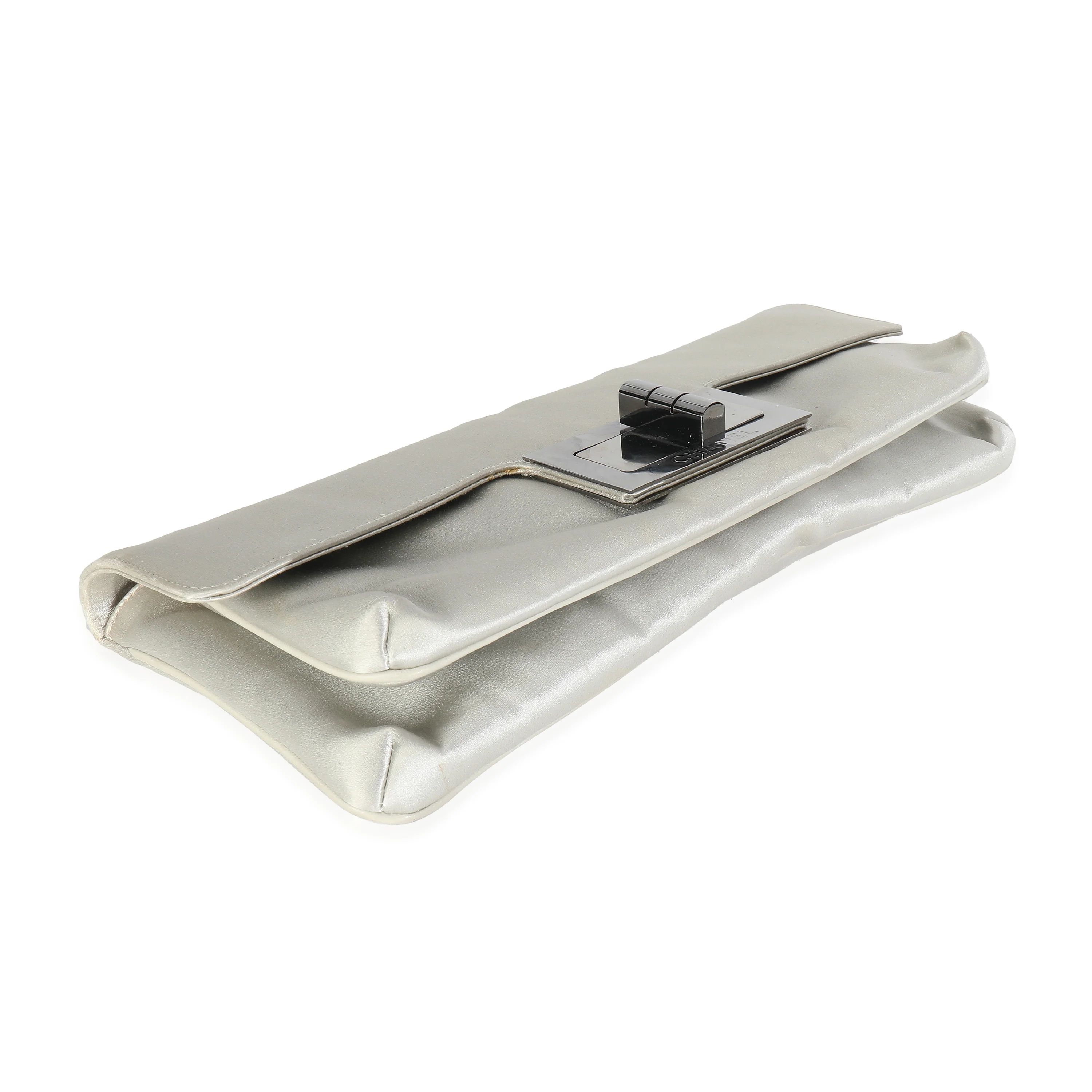 Grey Satin Silk Reissue Foldover XL Clutch - Image 6