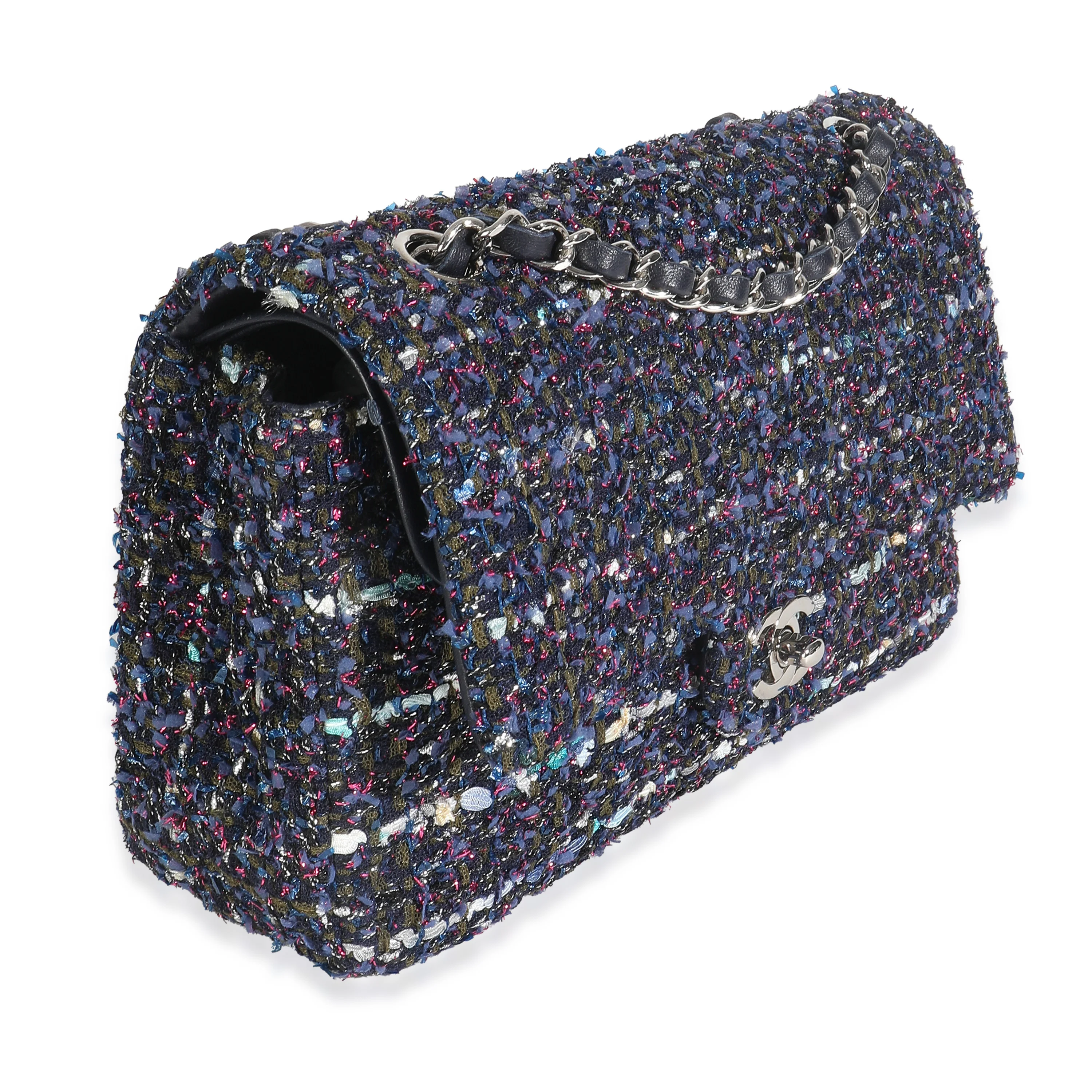 Navy Multicolored Metallic Tweed Medium Classic Double Flap Bag - Image 3