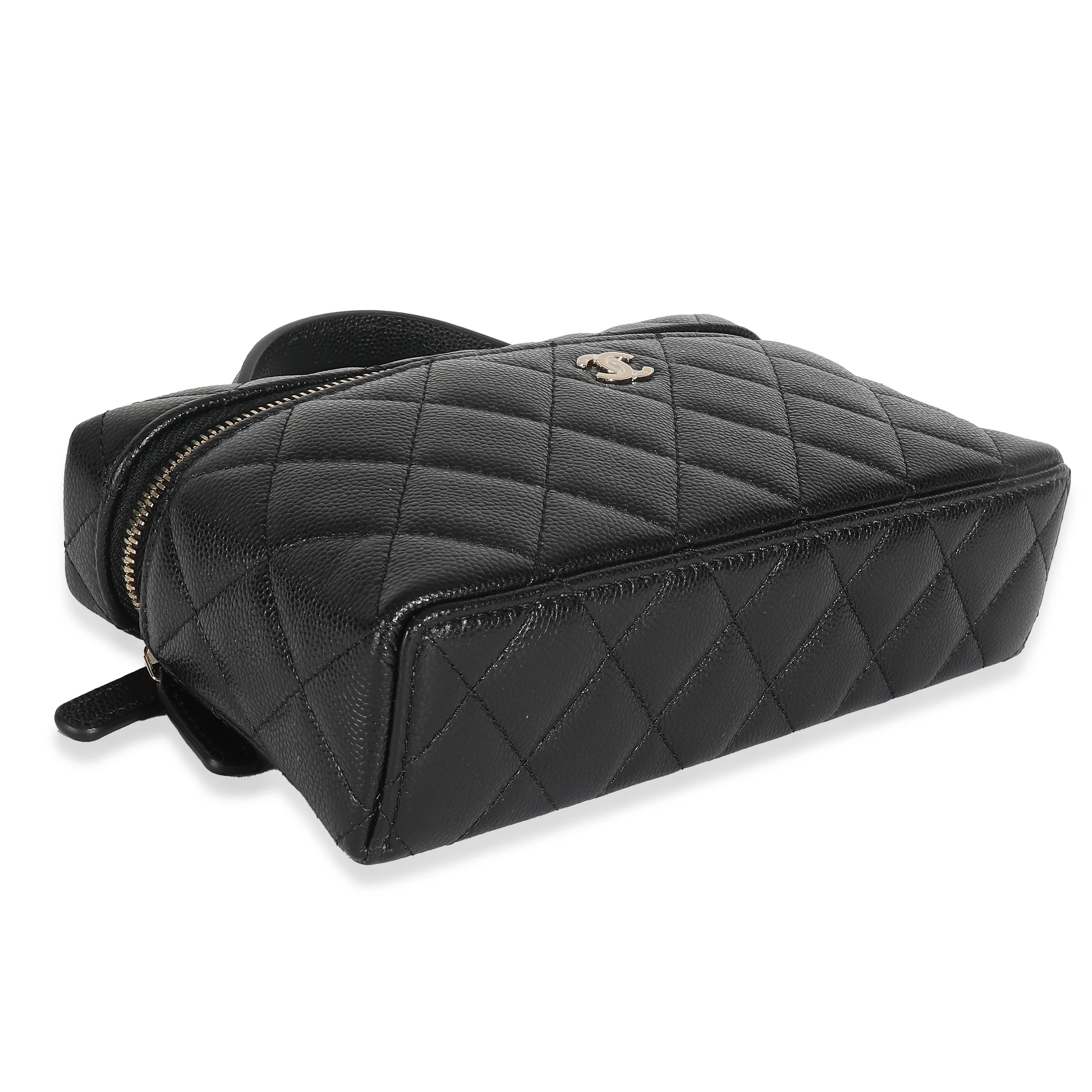 Black Quilted Caviar Top Handle Slim Vanity Handbag with Chain - Image 6