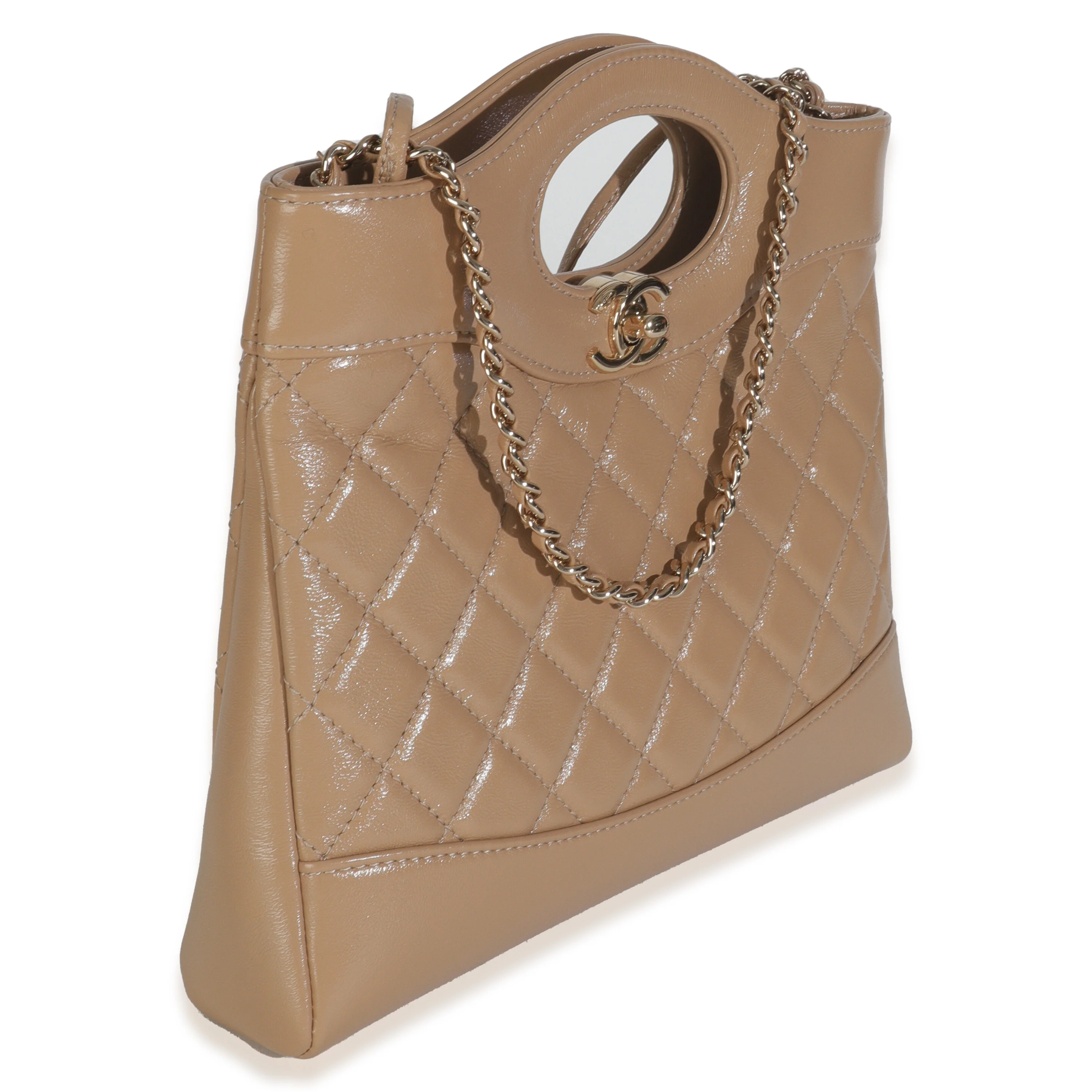 Dark Beige Shiny Crumpled Quilted Calfskin Mini 31 Shopping Bag - Image 3