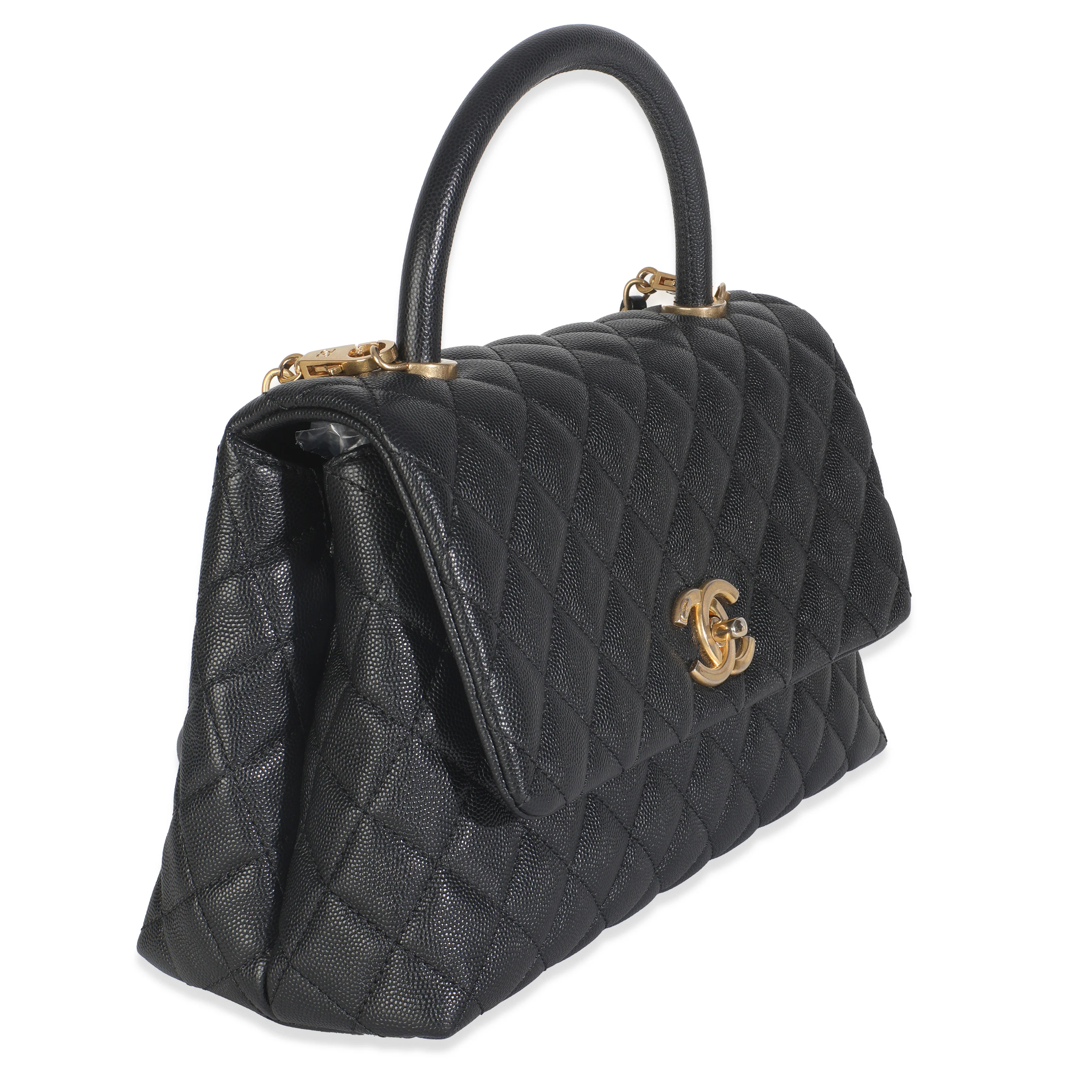 Black Quilted Caviar Medium Coco Top Handle Handbag - Image 3