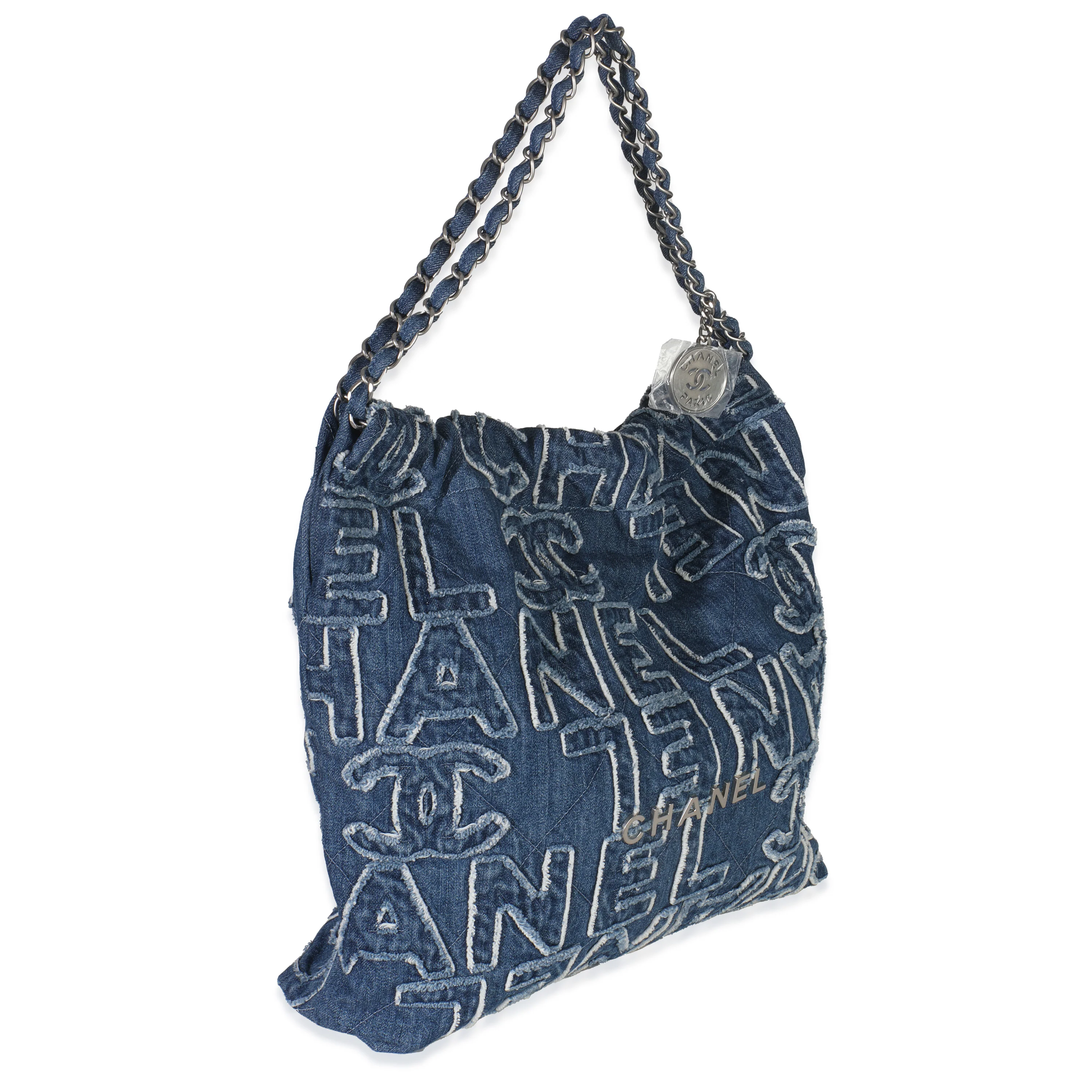 Blue Quilted Washed Denim Logo Embroidered Medium Chanel 22 Hobo - Image 2