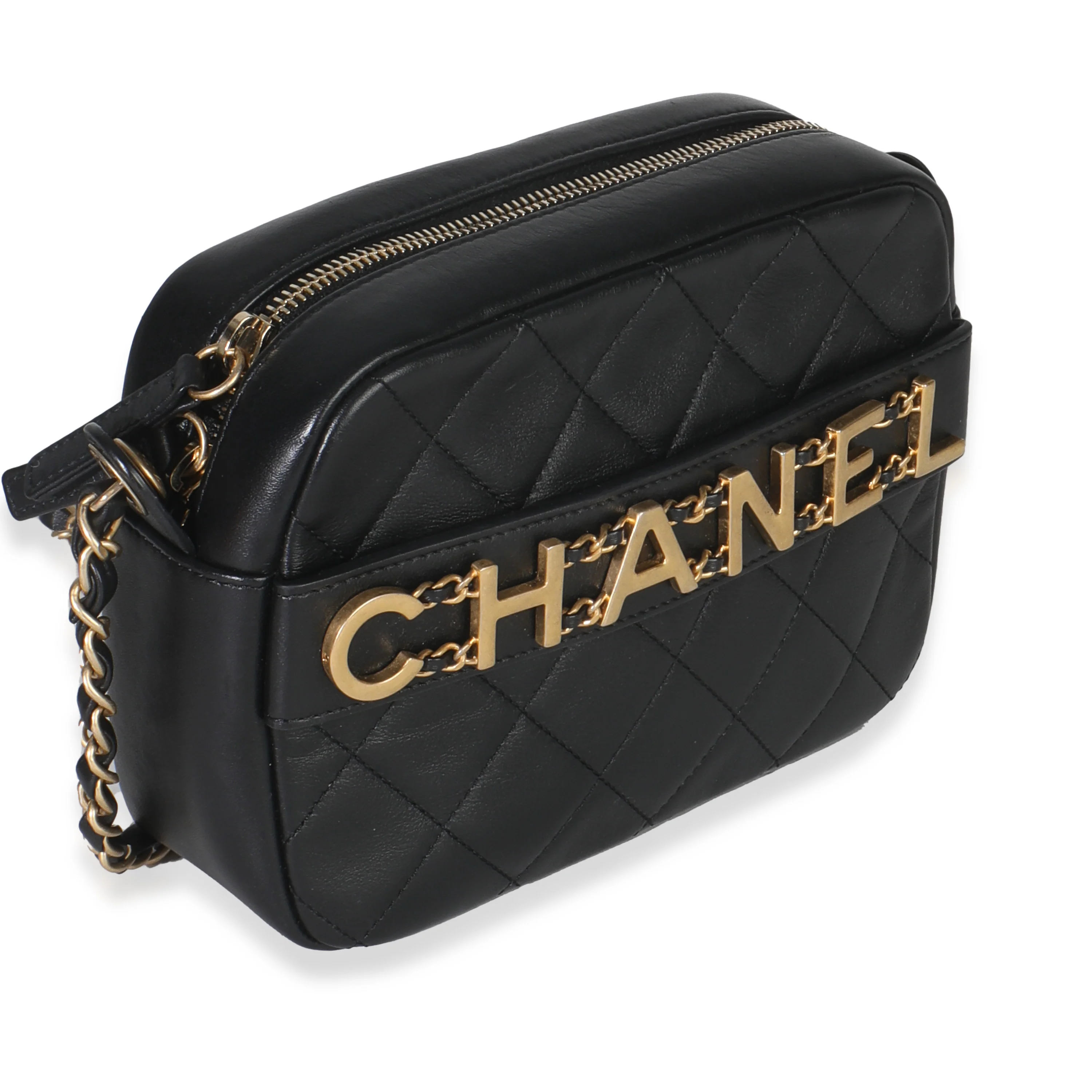 Black Quilted Lambskin Enchained Logo Chain Camera Case - Image 3
