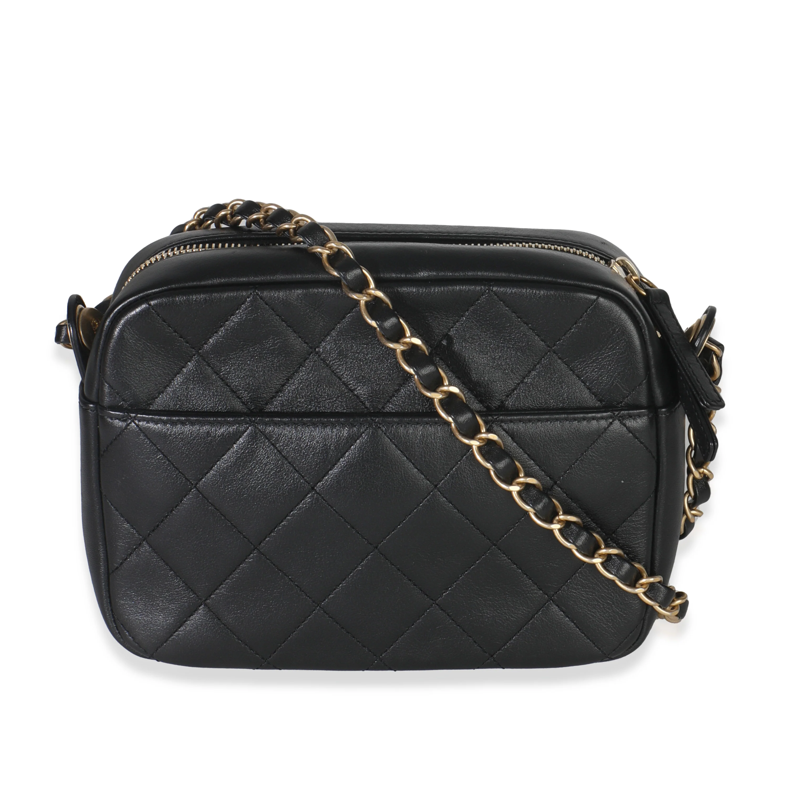 Black Quilted Lambskin Enchained Logo Chain Camera Case - Image 4