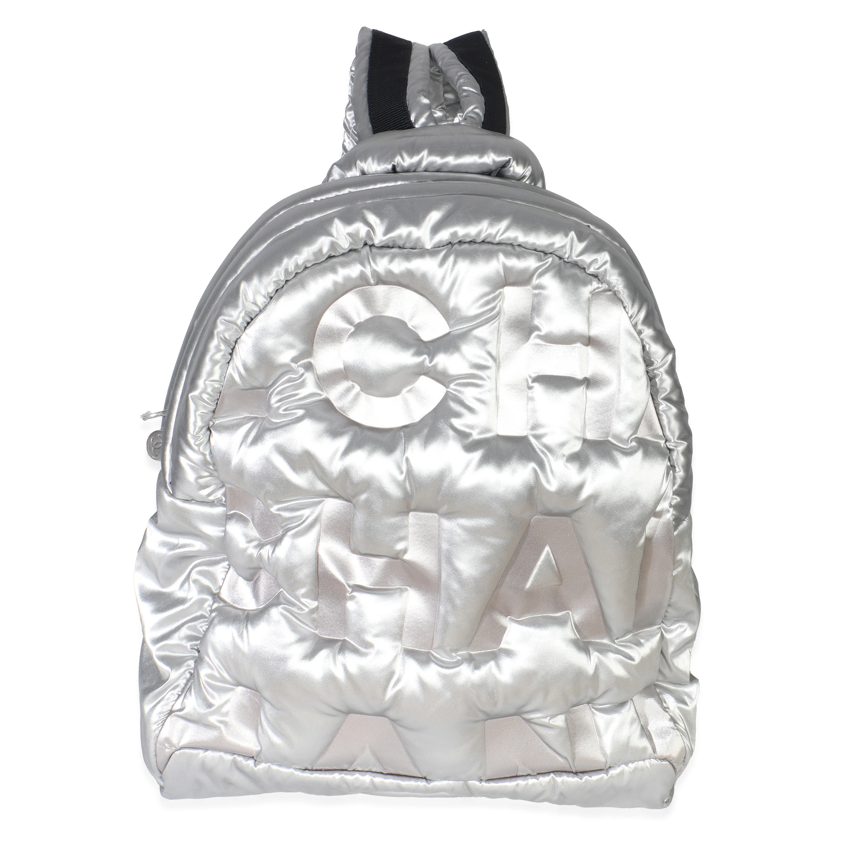 Silver Nylon Embossed Logo Doudoune Backpack