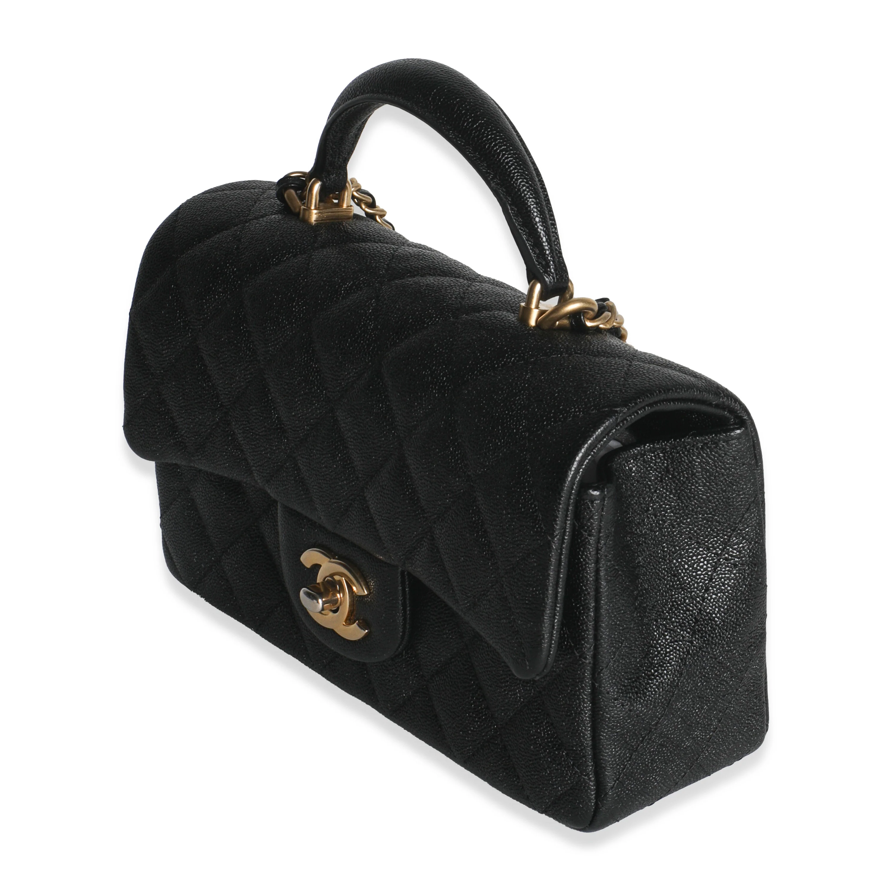 Black Quilted Caviar Mini Top Handle Rectangular Flap Handbag - Image 2