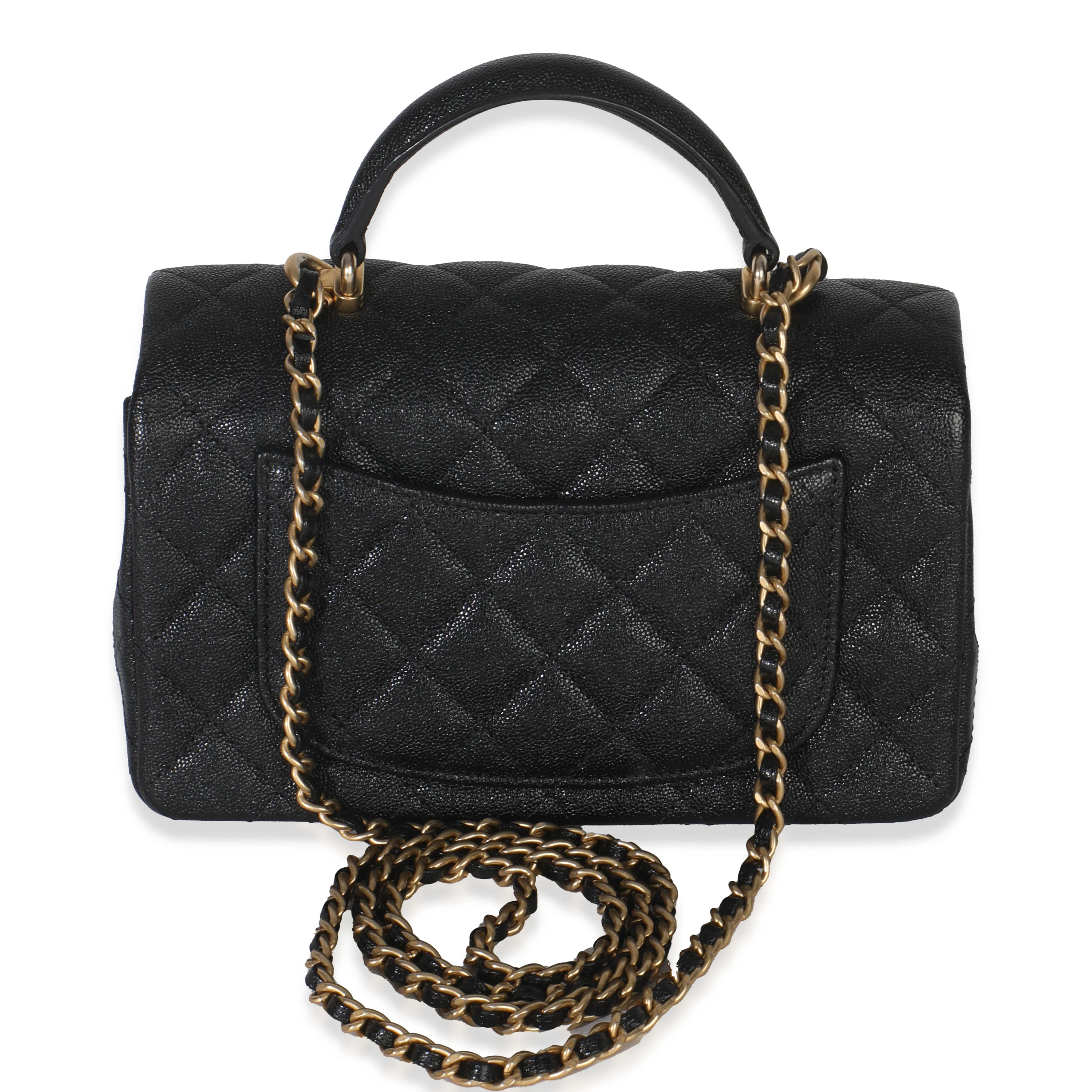 Black Quilted Caviar Mini Top Handle Rectangular Flap Handbag - Image 4