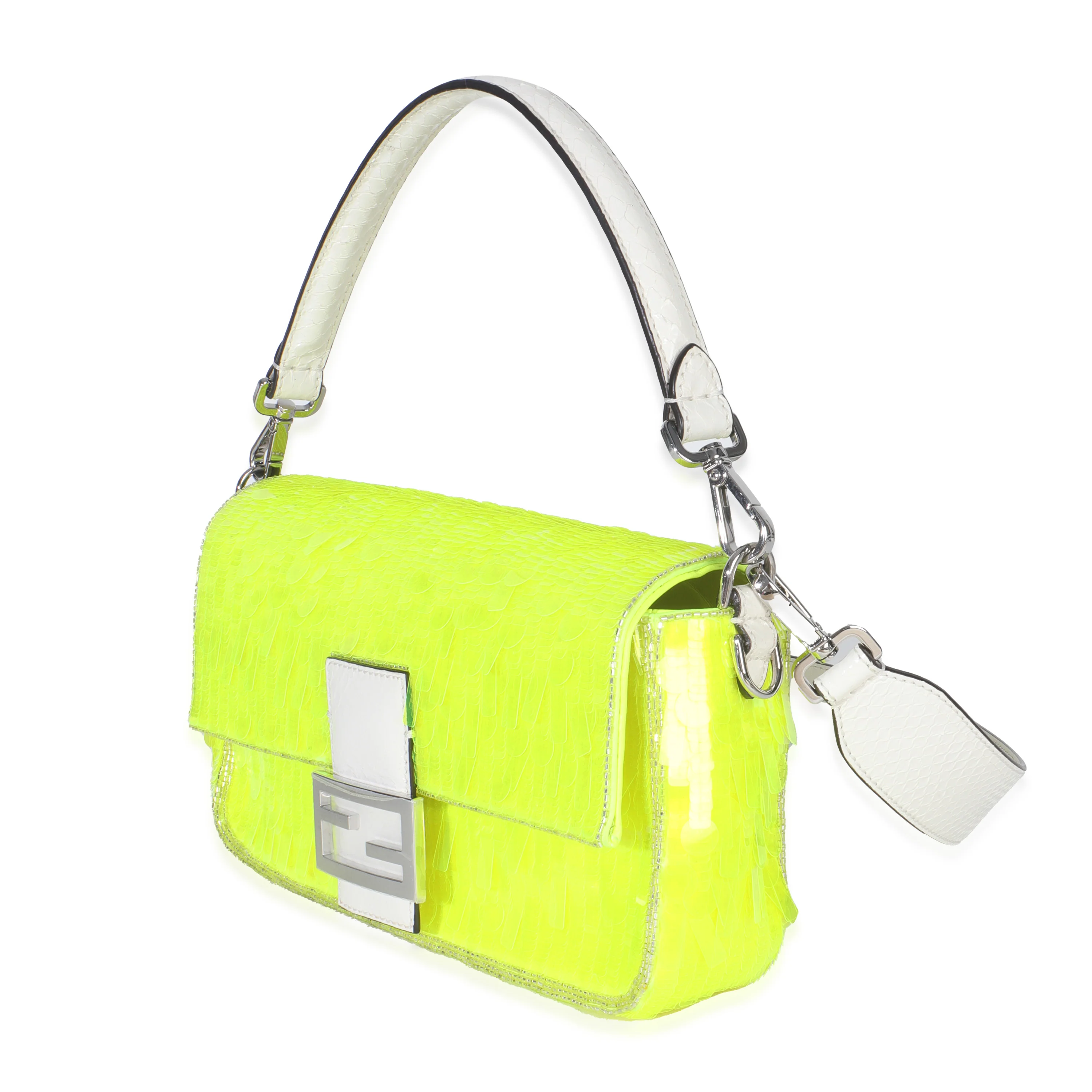 Neon Yellow Satin Sequin Paillettes Elaphe Sequin Medium Baguette Bag - Image 5
