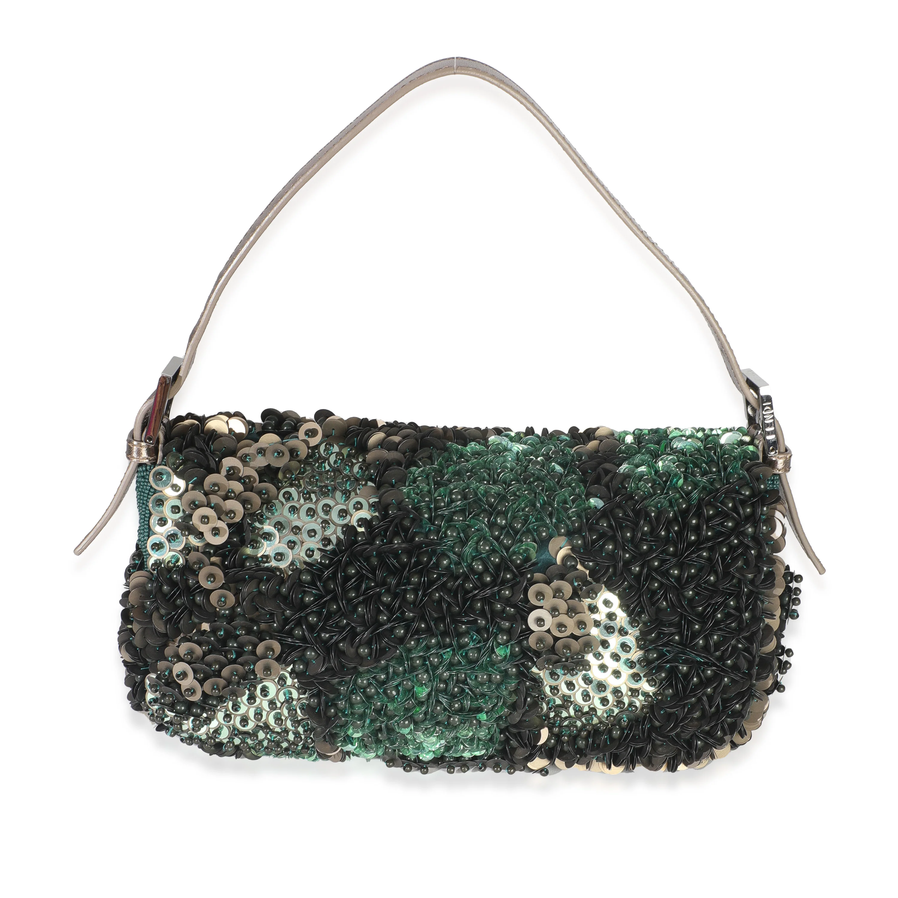 Green Metallic Leather Beaded Sequin Medium Baguette - Image 4