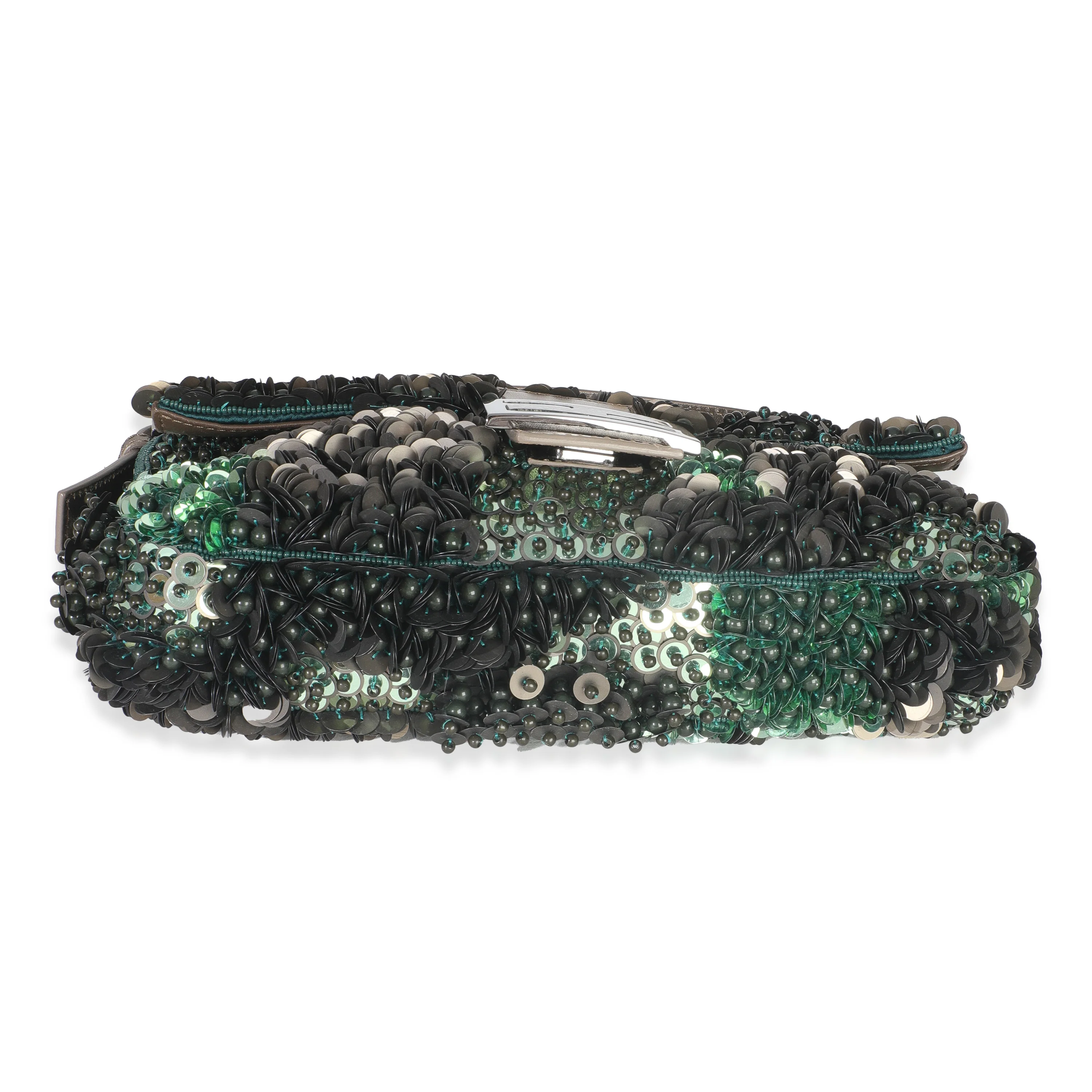 Green Metallic Leather Beaded Sequin Medium Baguette - Image 5
