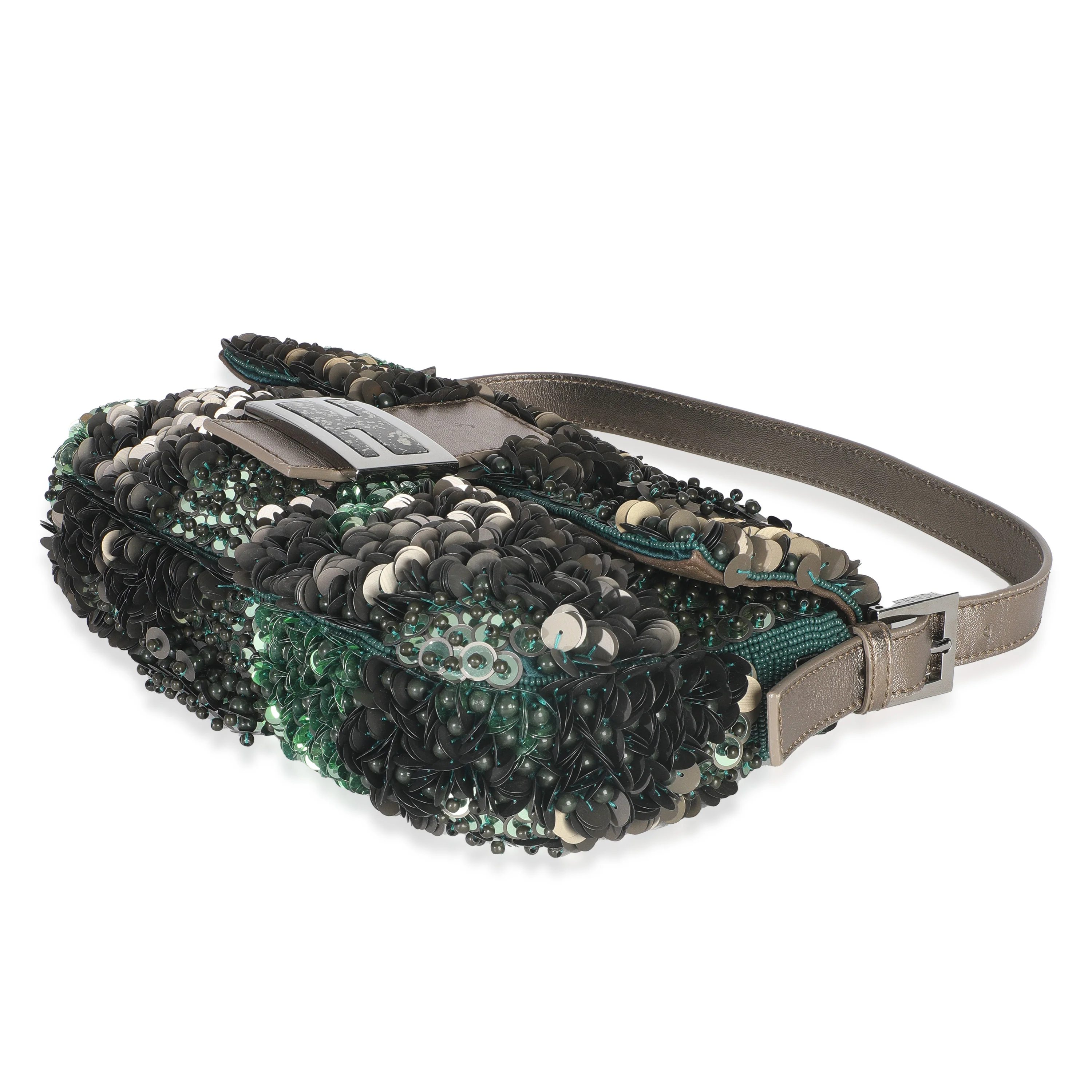 Green Metallic Leather Beaded Sequin Medium Baguette - Image 7