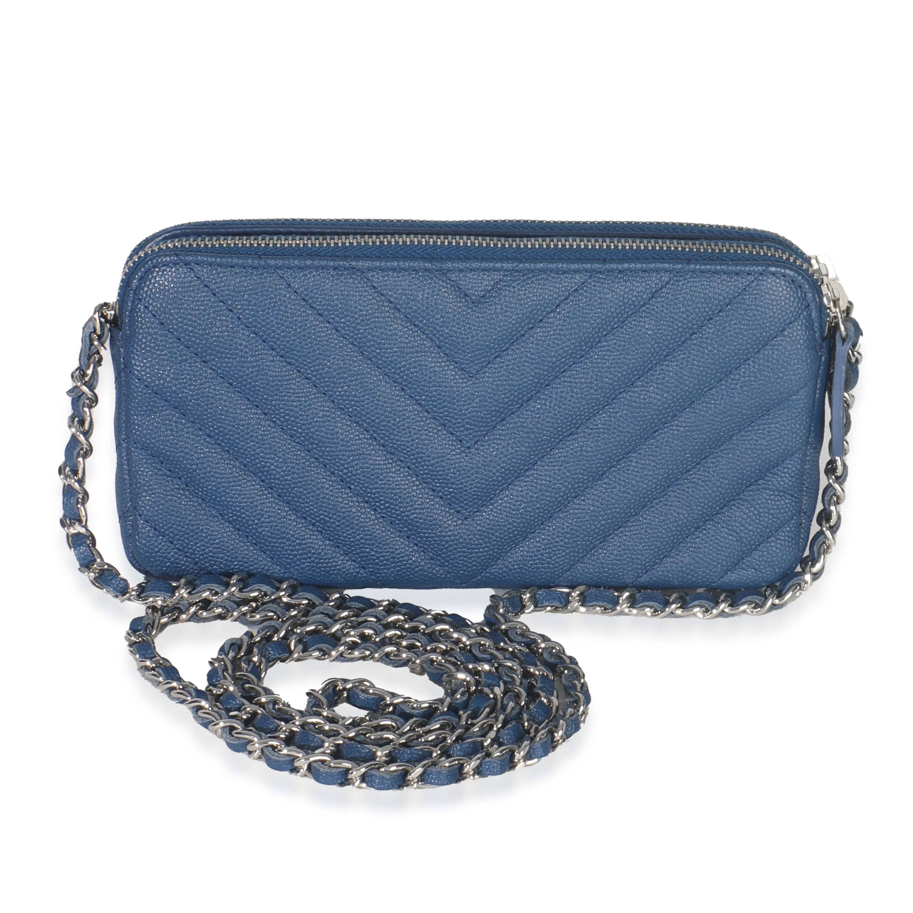 Blue Chevron Caviar Double Zip Clutch Handbag - Image 4