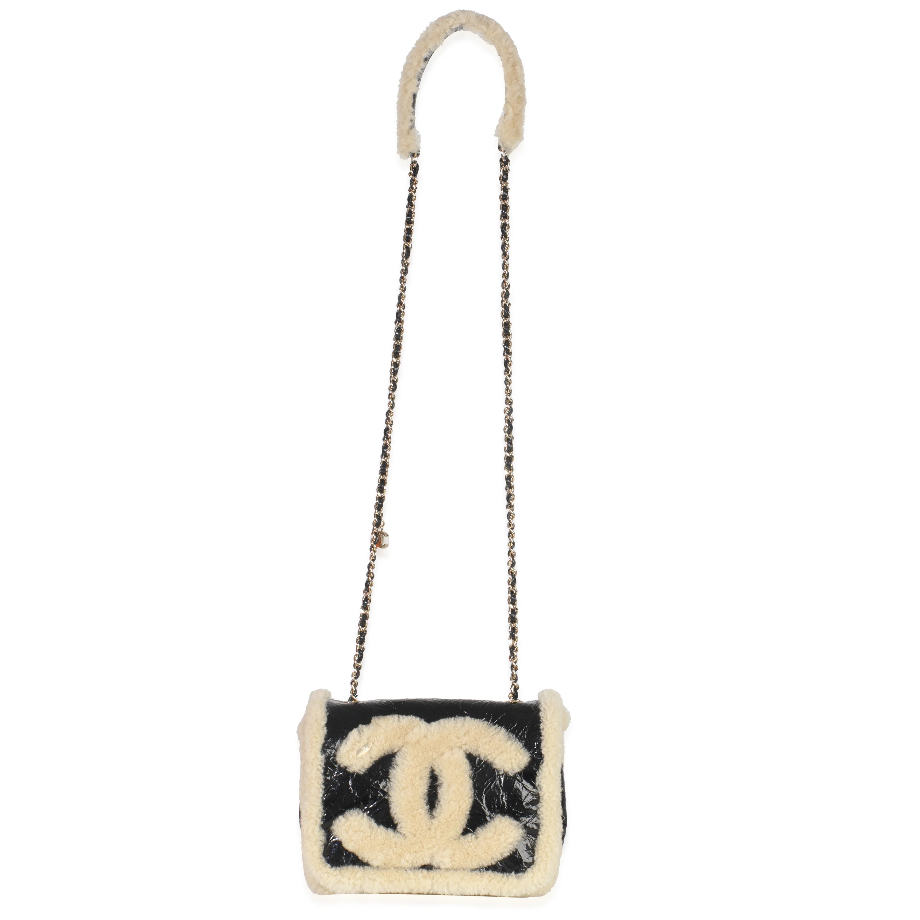 Black Shiny Crumpled Sheepskin Shearling CC Mania Flap Bag - Image 8