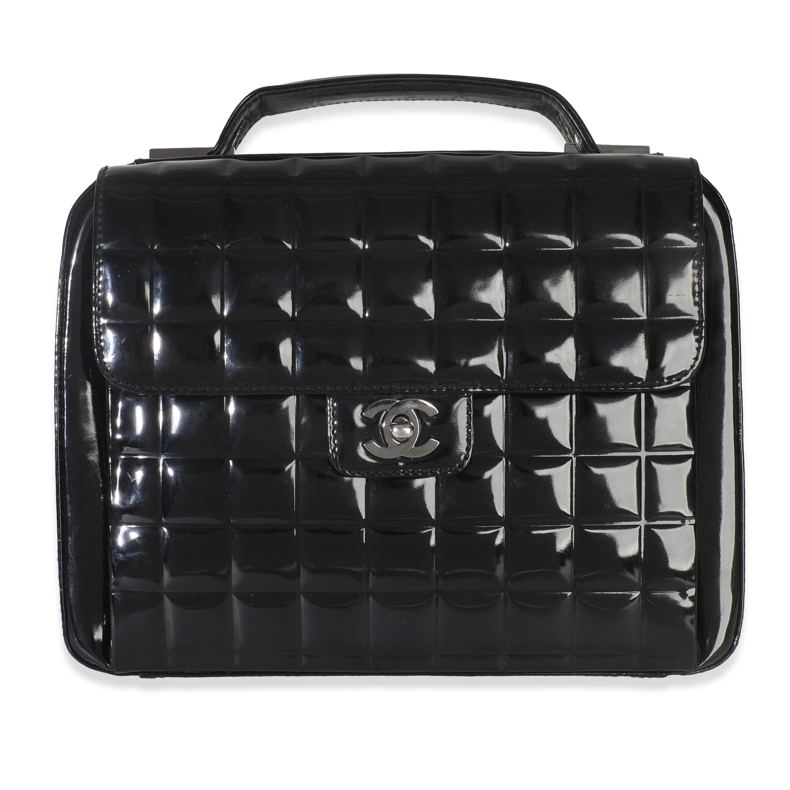 Black Patent Chocolate Bar Top Handle Flap Bag