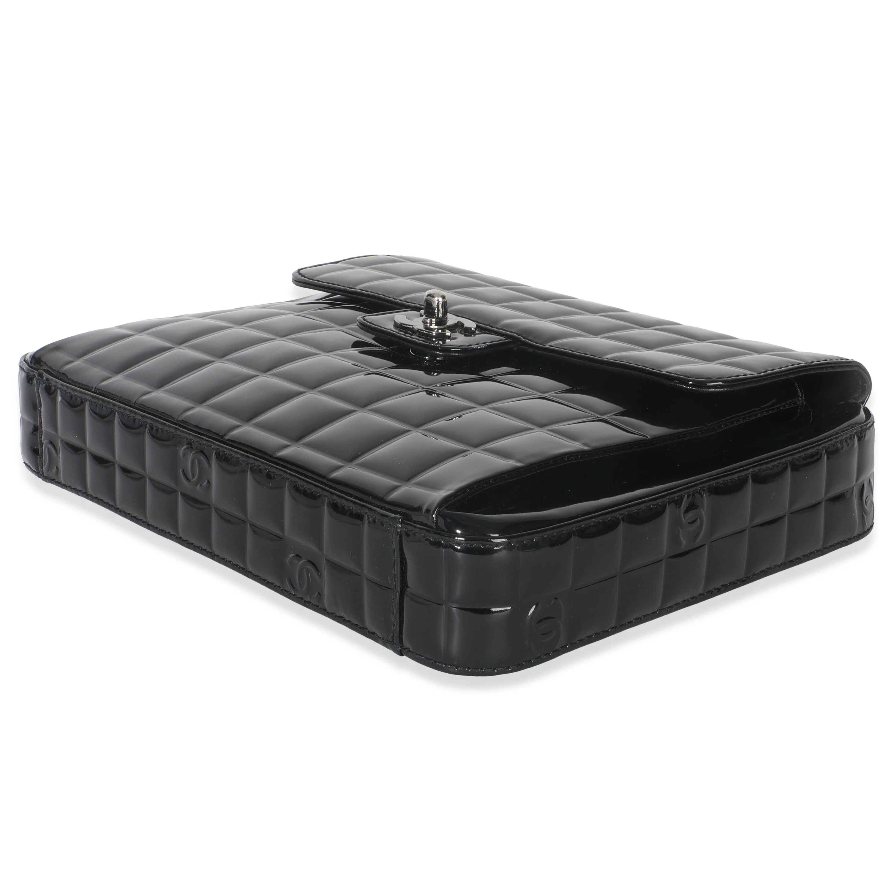 Black Patent Chocolate Bar Top Handle Flap Bag - Image 6