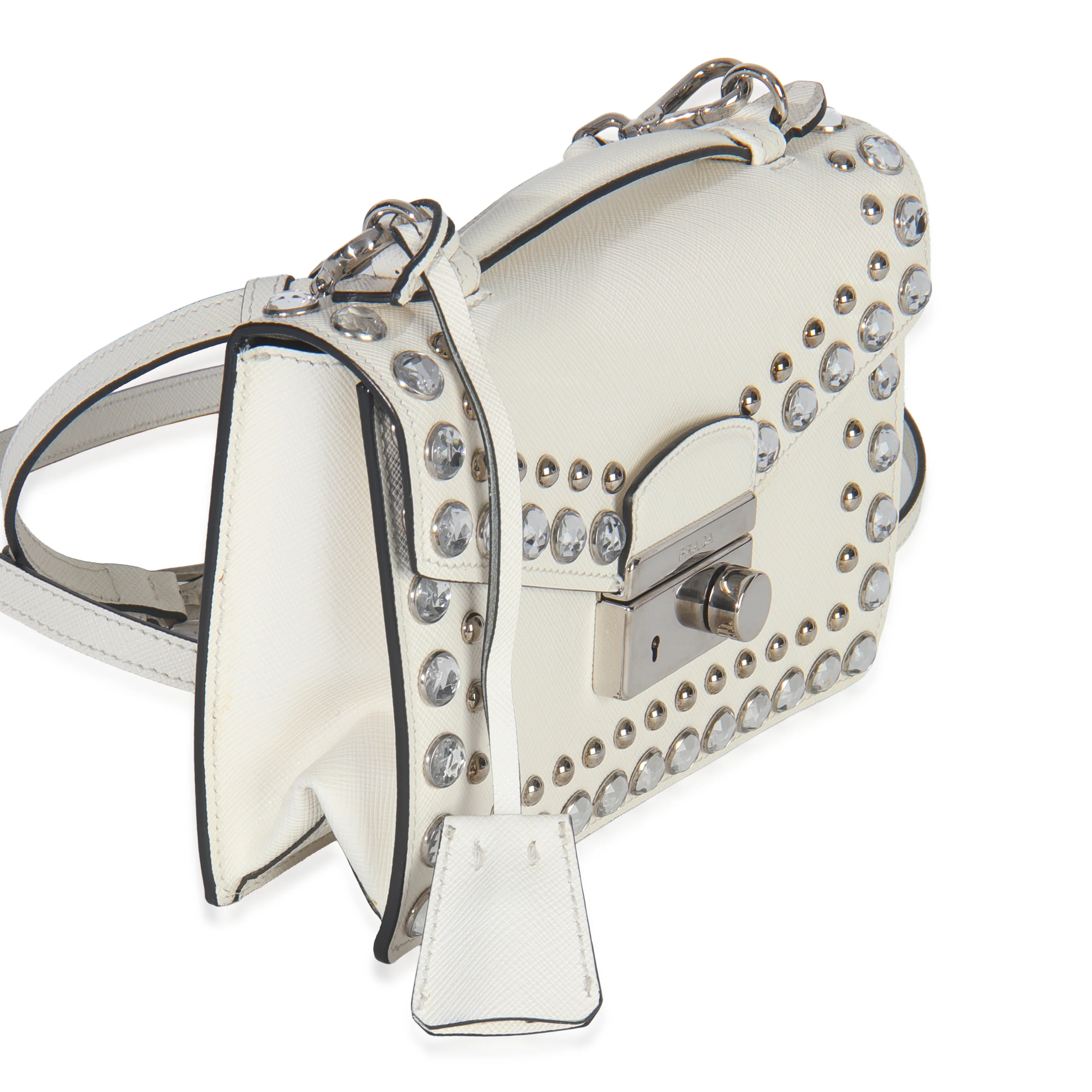 White Studded Saffiano Mini Sound Top Handle Crossbody Bag - Image 3