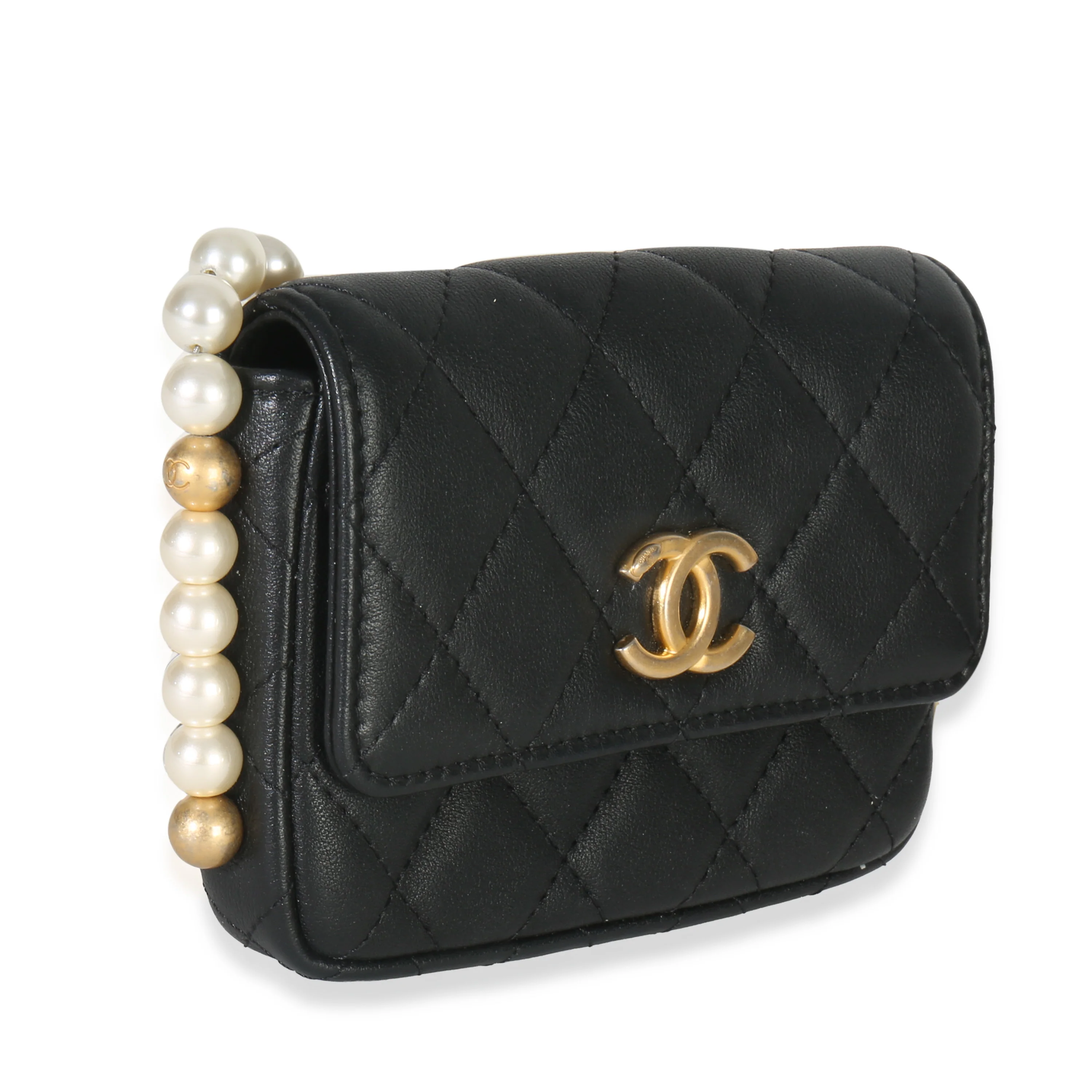 Black Quilted Calfskin About Pearls Card Holder With Chain - Image 2