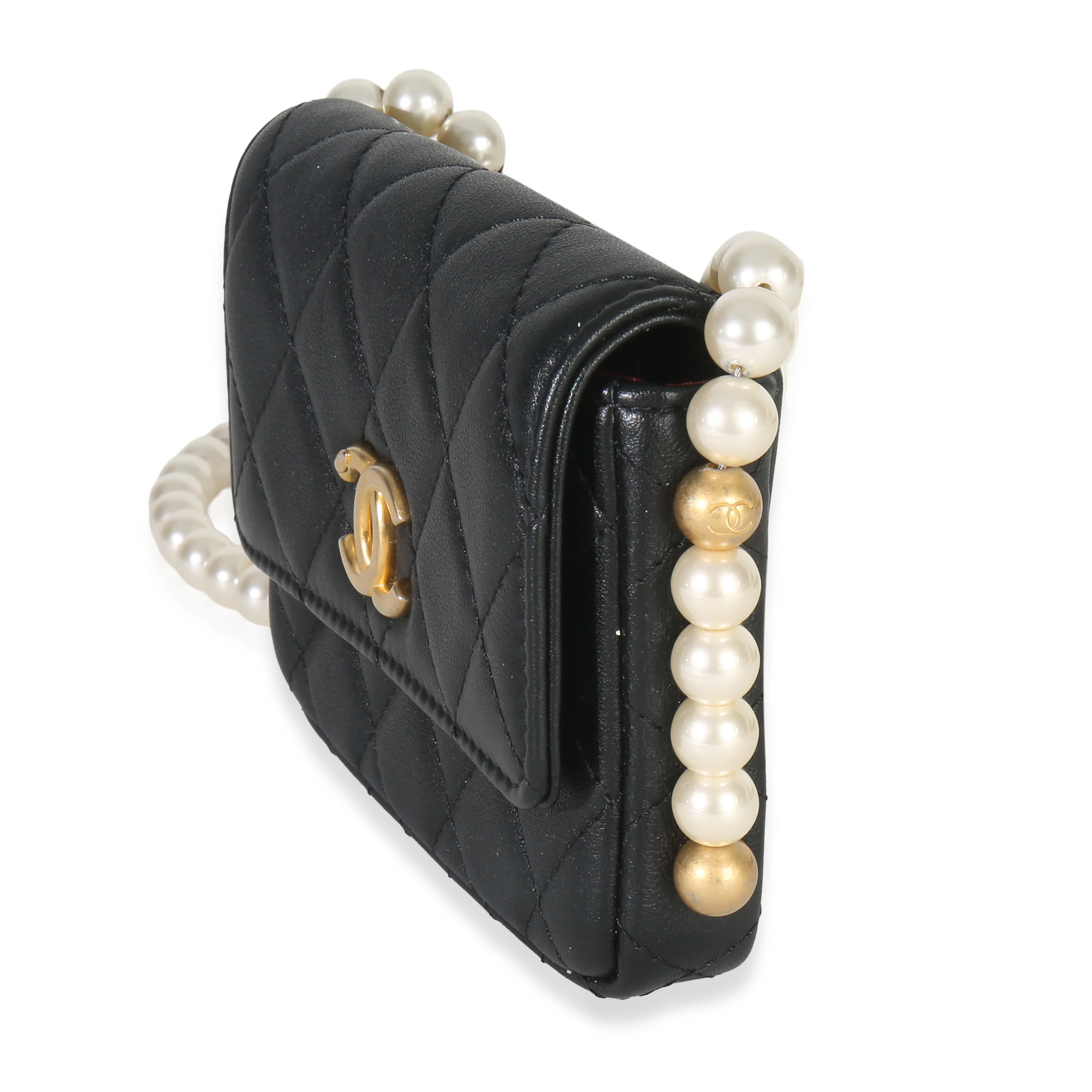Black Quilted Calfskin About Pearls Card Holder With Chain - Image 3