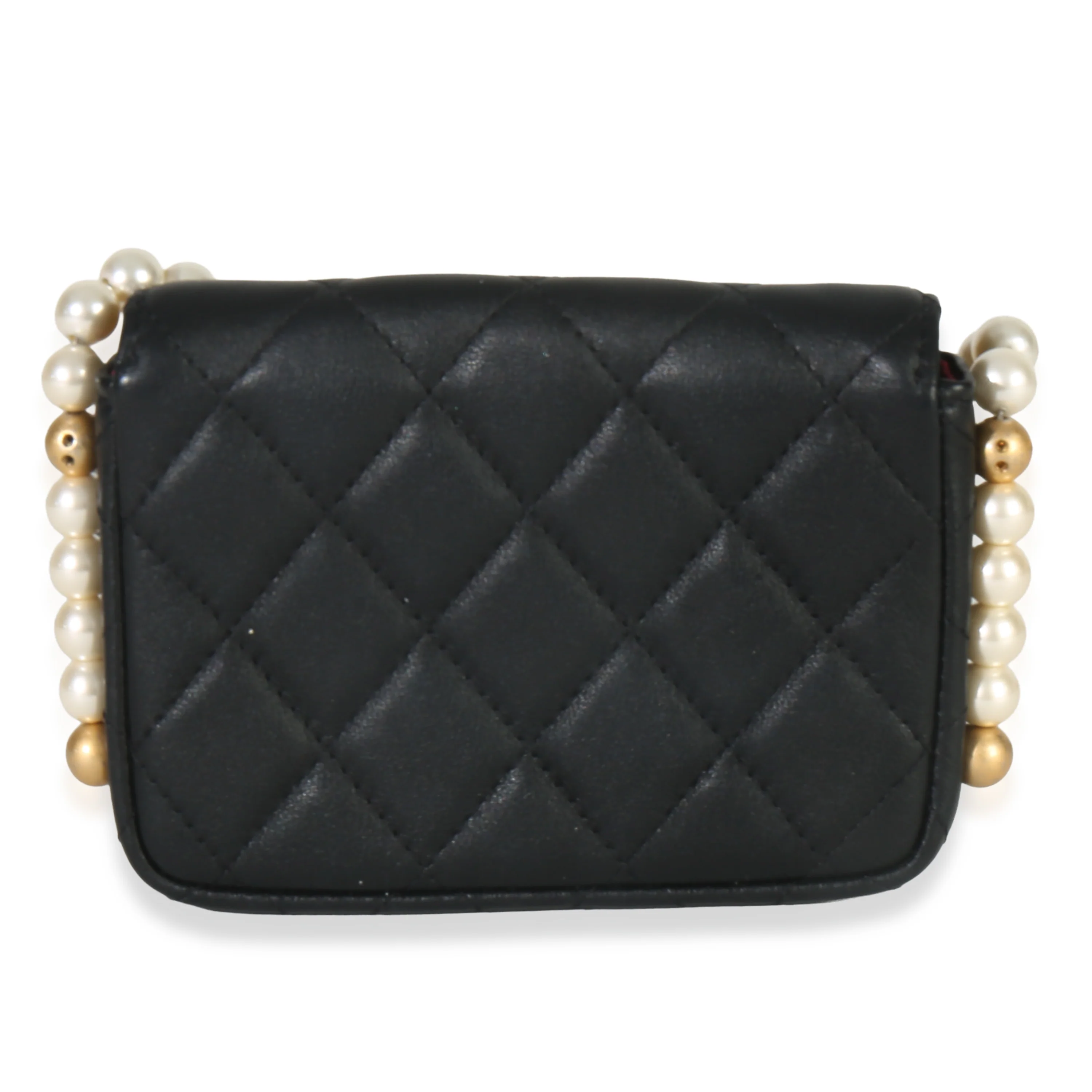 Black Quilted Calfskin About Pearls Card Holder With Chain - Image 4