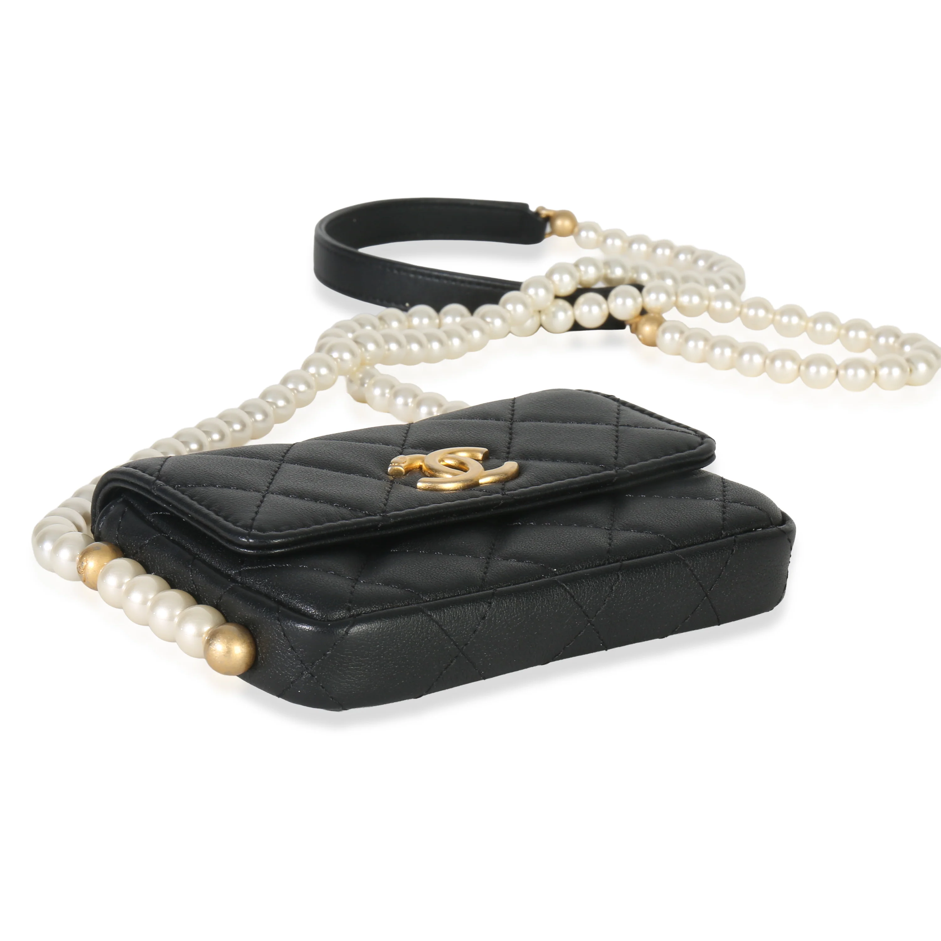 Black Quilted Calfskin About Pearls Card Holder With Chain - Image 7