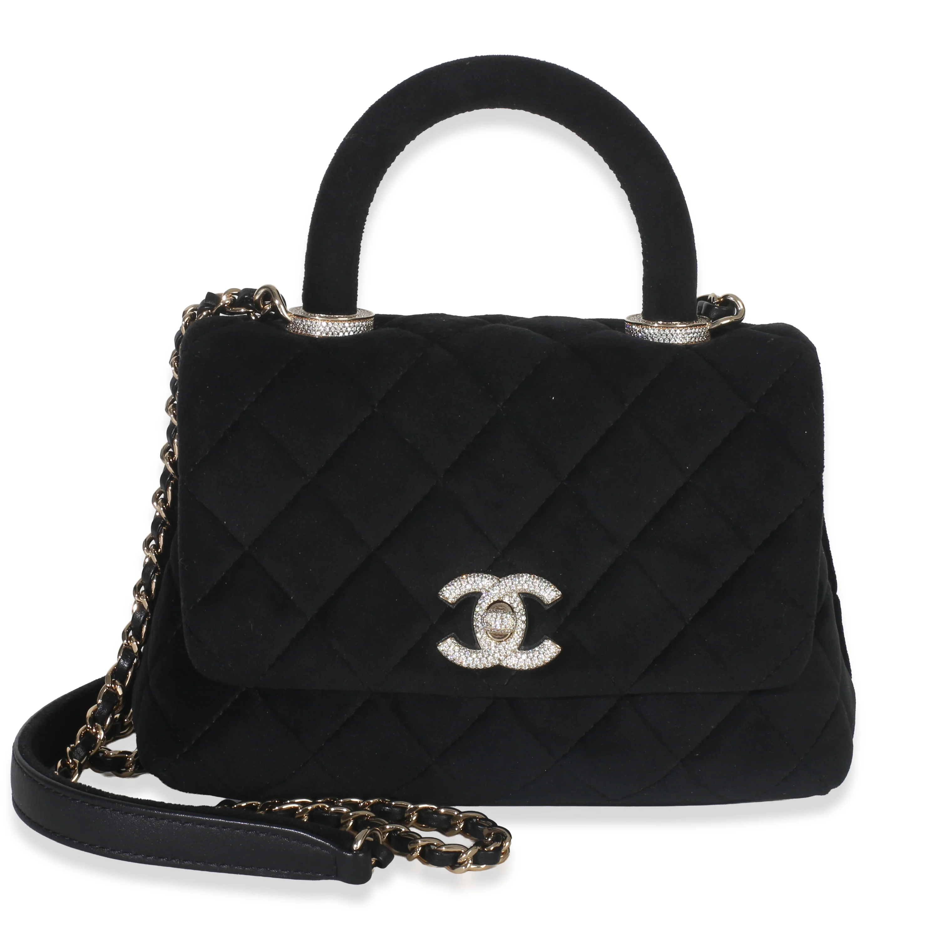 Black Quilted Velvet Crystal Extra Mini Coco Handle Flap Bag - Image 2