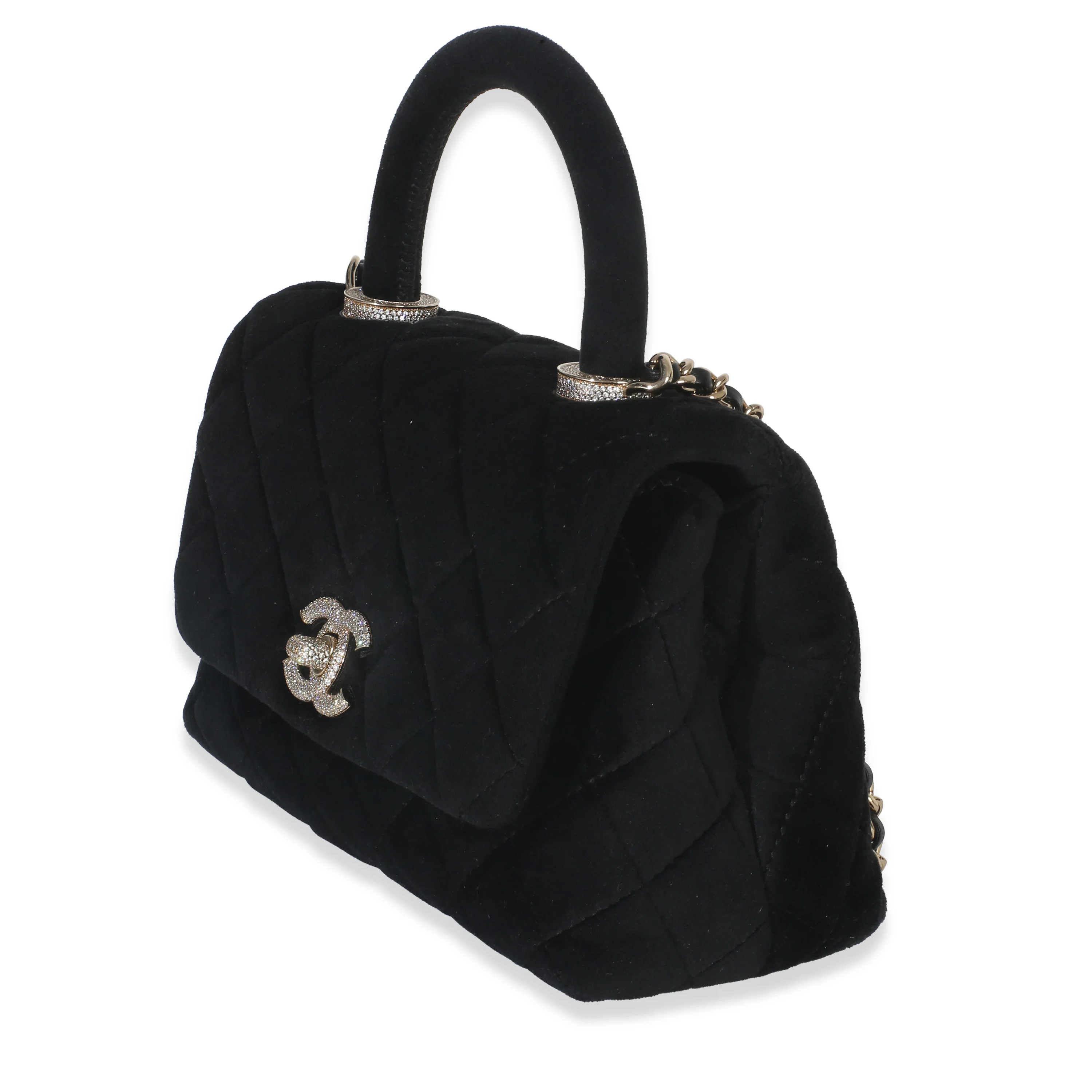 Black Quilted Velvet Crystal Extra Mini Coco Handle Flap Bag - Image 3