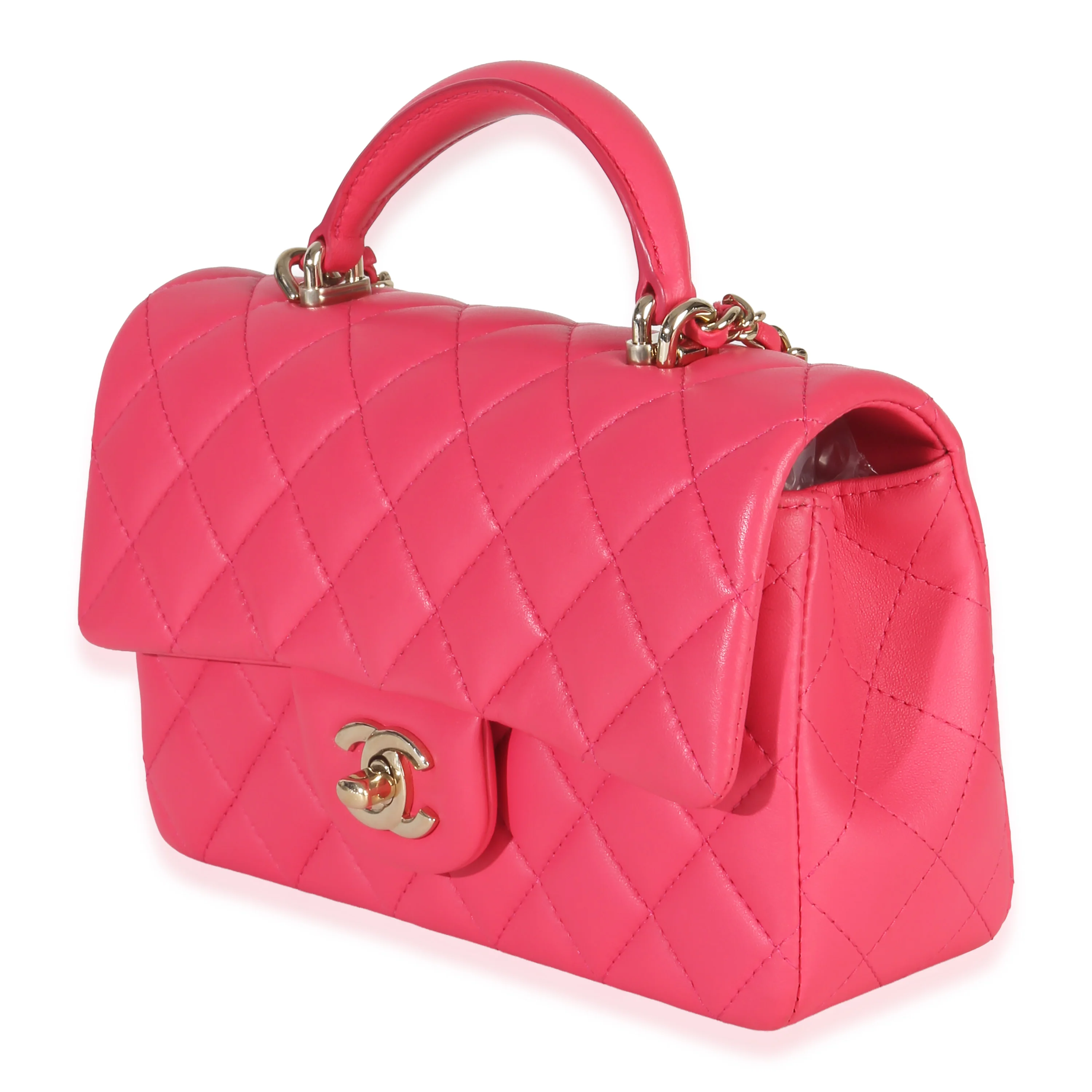 Dark Pink Quilted Lambskin Mini Rectangular Top Handle Flap Bag - Image 2