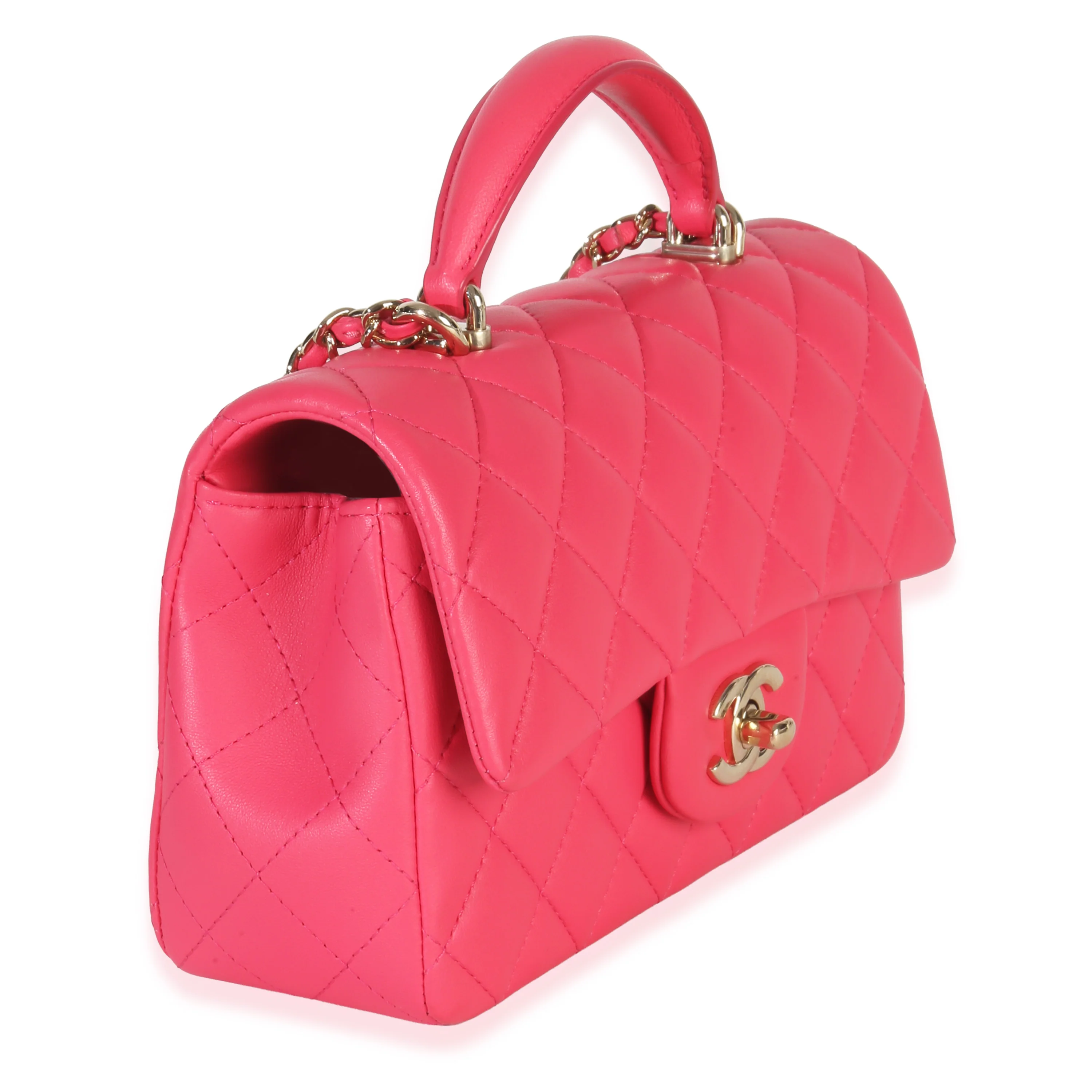 Dark Pink Quilted Lambskin Mini Rectangular Top Handle Flap Bag - Image 3