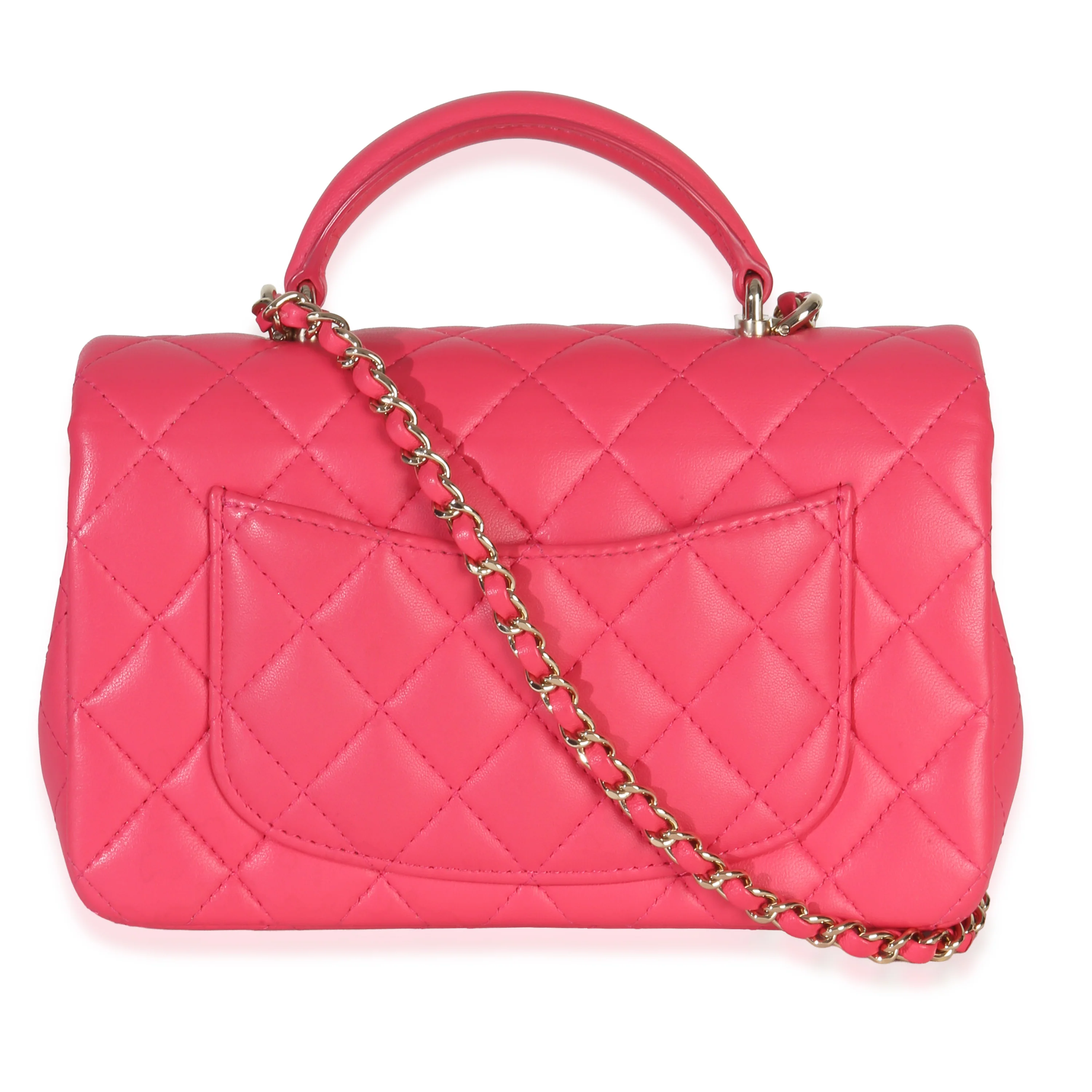 Dark Pink Quilted Lambskin Mini Rectangular Top Handle Flap Bag - Image 4
