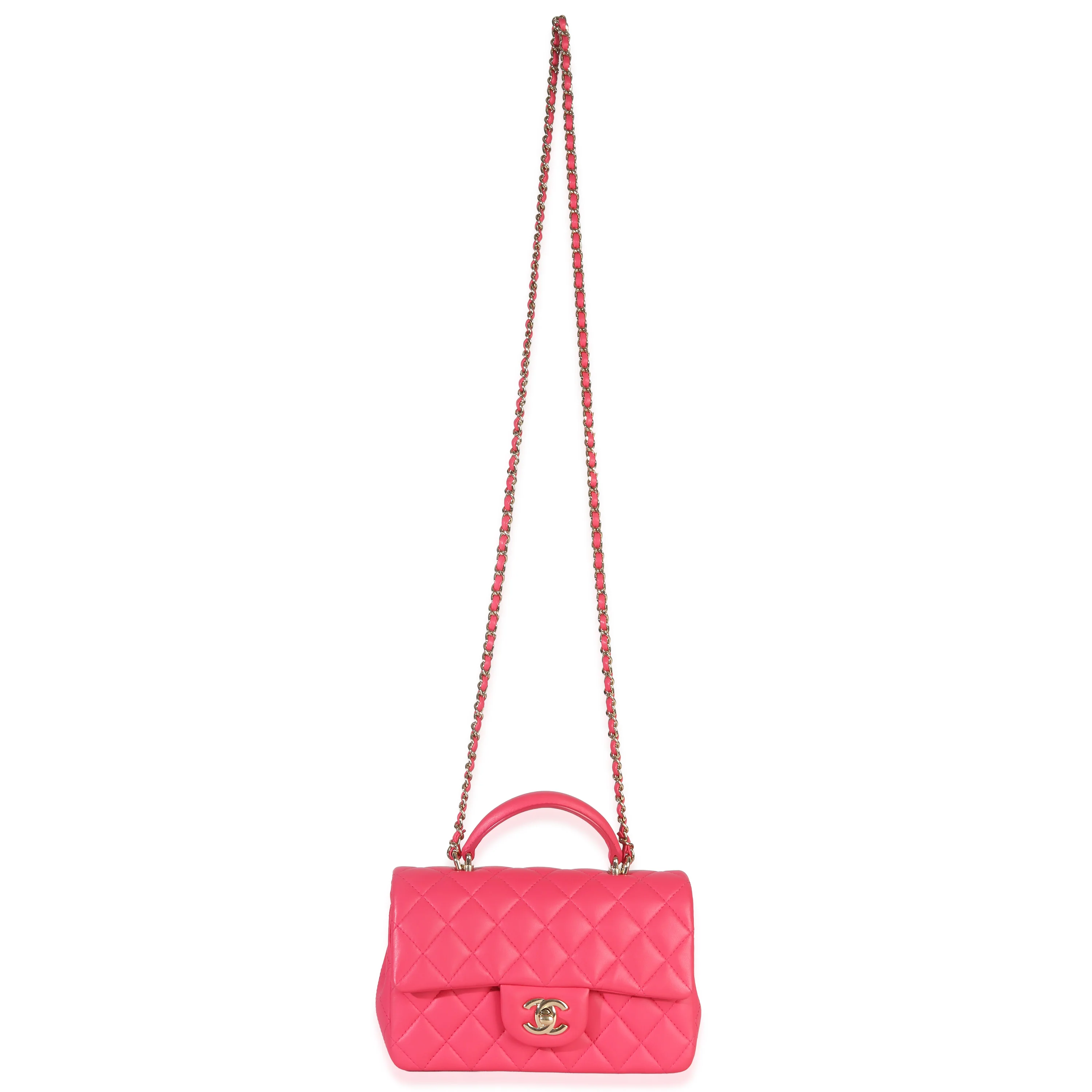 Dark Pink Quilted Lambskin Mini Rectangular Top Handle Flap Bag - Image 8