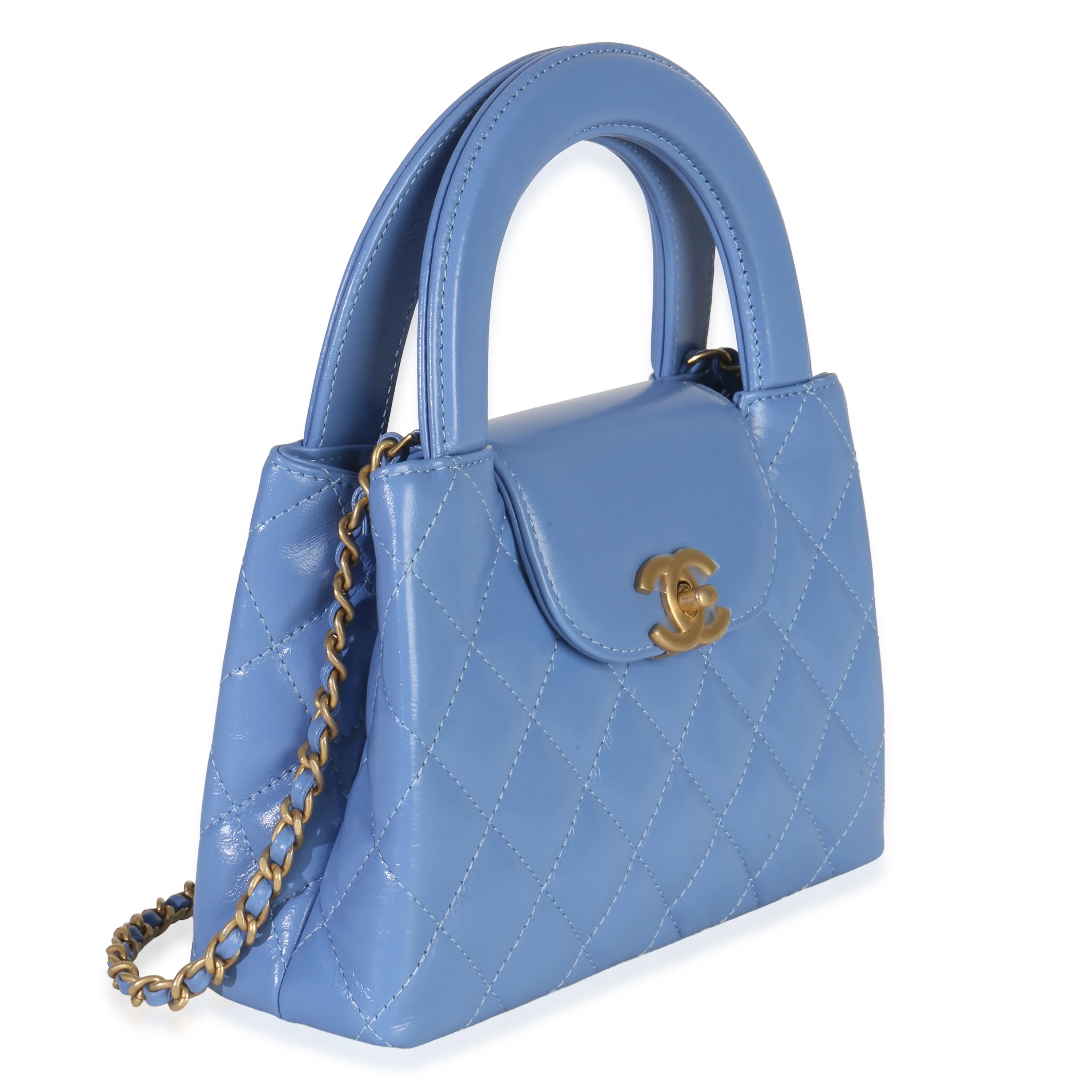 Blue Shiny Aged Calfskin Quilted Nano Kelly Shopper - Image 3