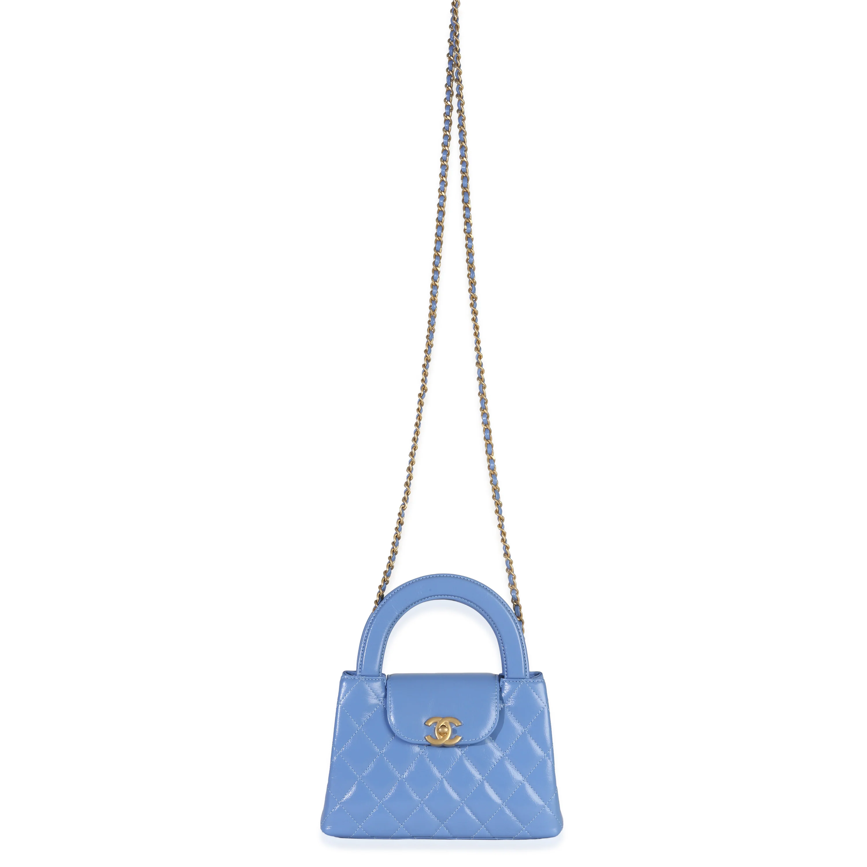 Blue Shiny Aged Calfskin Quilted Nano Kelly Shopper - Image 8