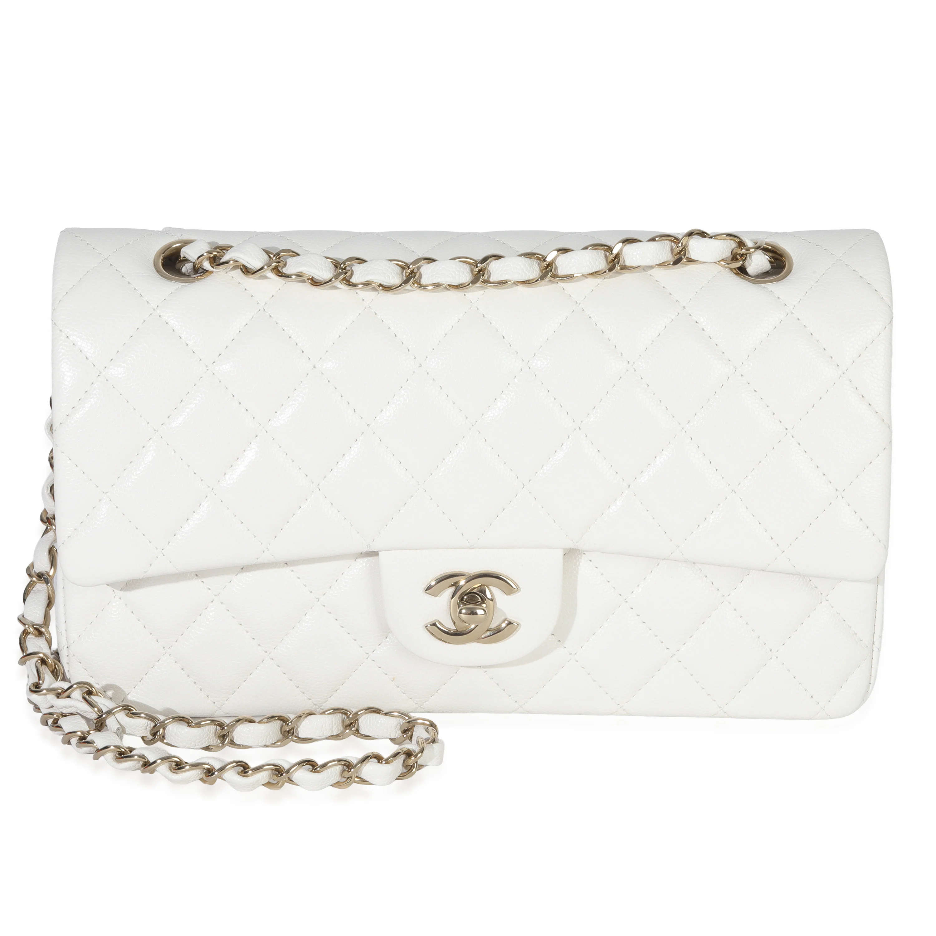 White Quilted Caviar Medium Classic Double Flap Bag