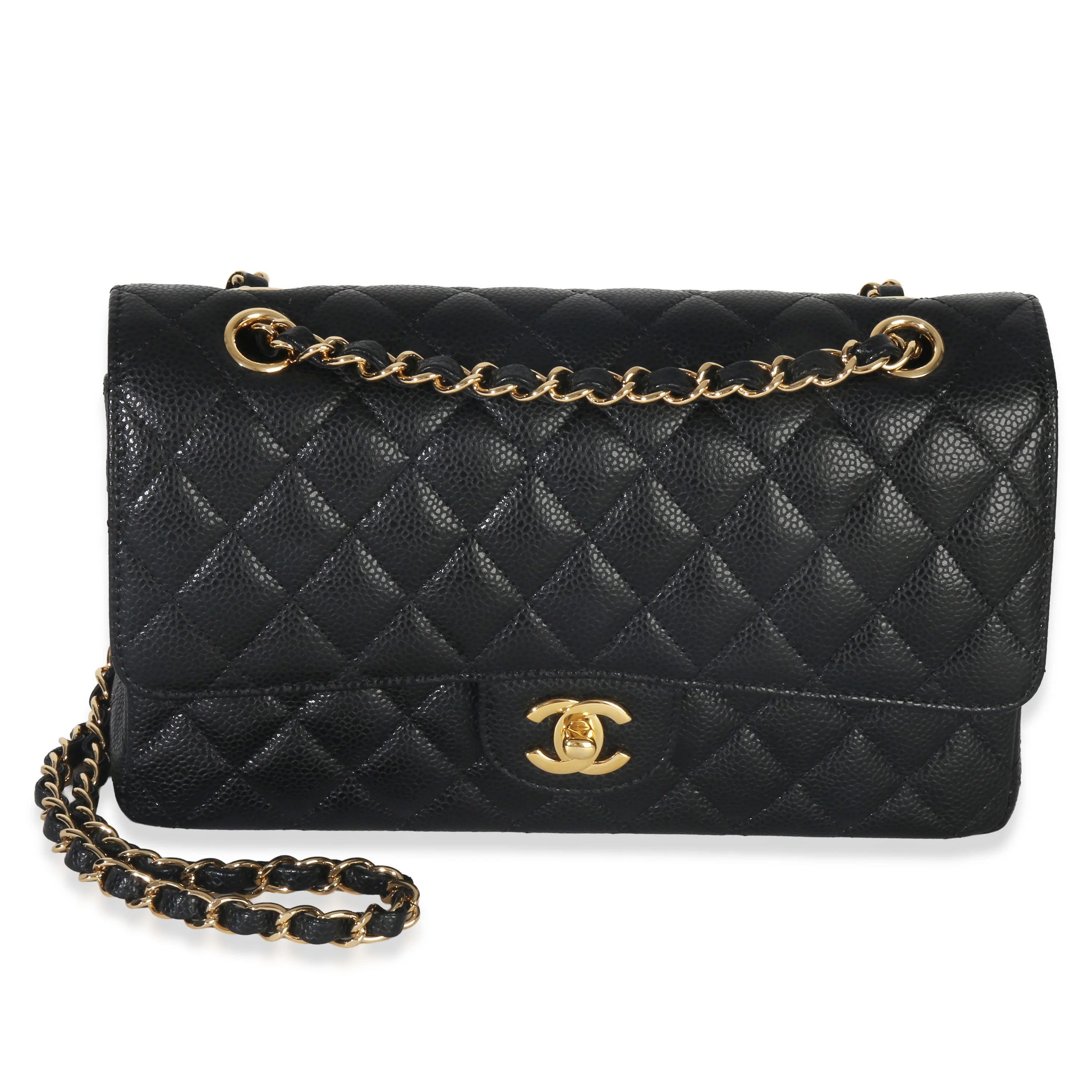 Black Quilted Caviar Medium Classic Double Flap Handbag