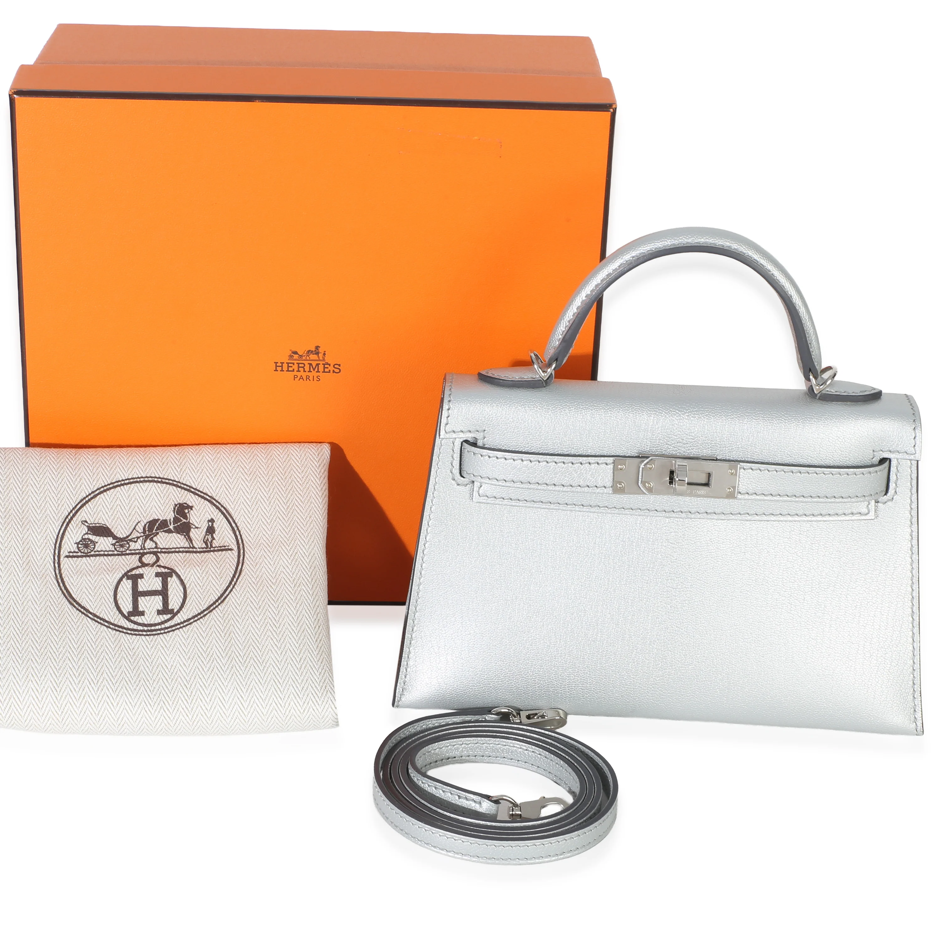 Argent Metallic Chevre Chamkilight Sellier Mini Kelly II 20 PHW - Image 2