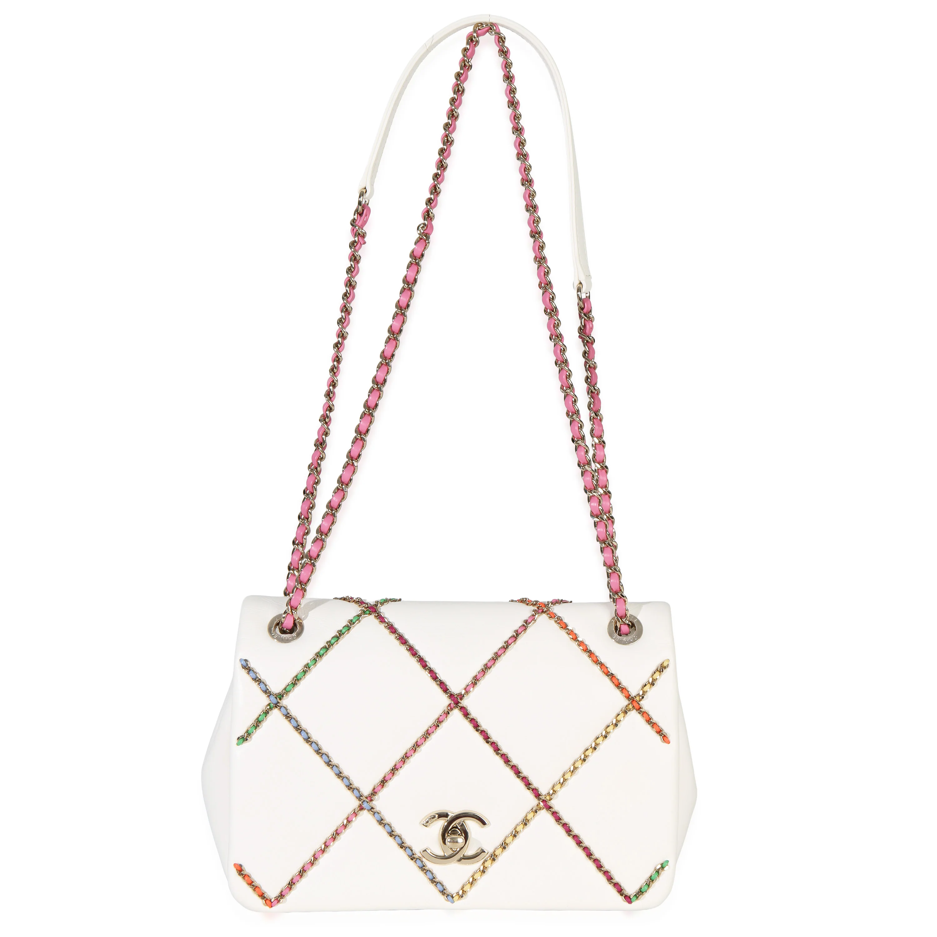 White Lambskin Multicolor Chain Intertwined Small Flap Bag - Image 8
