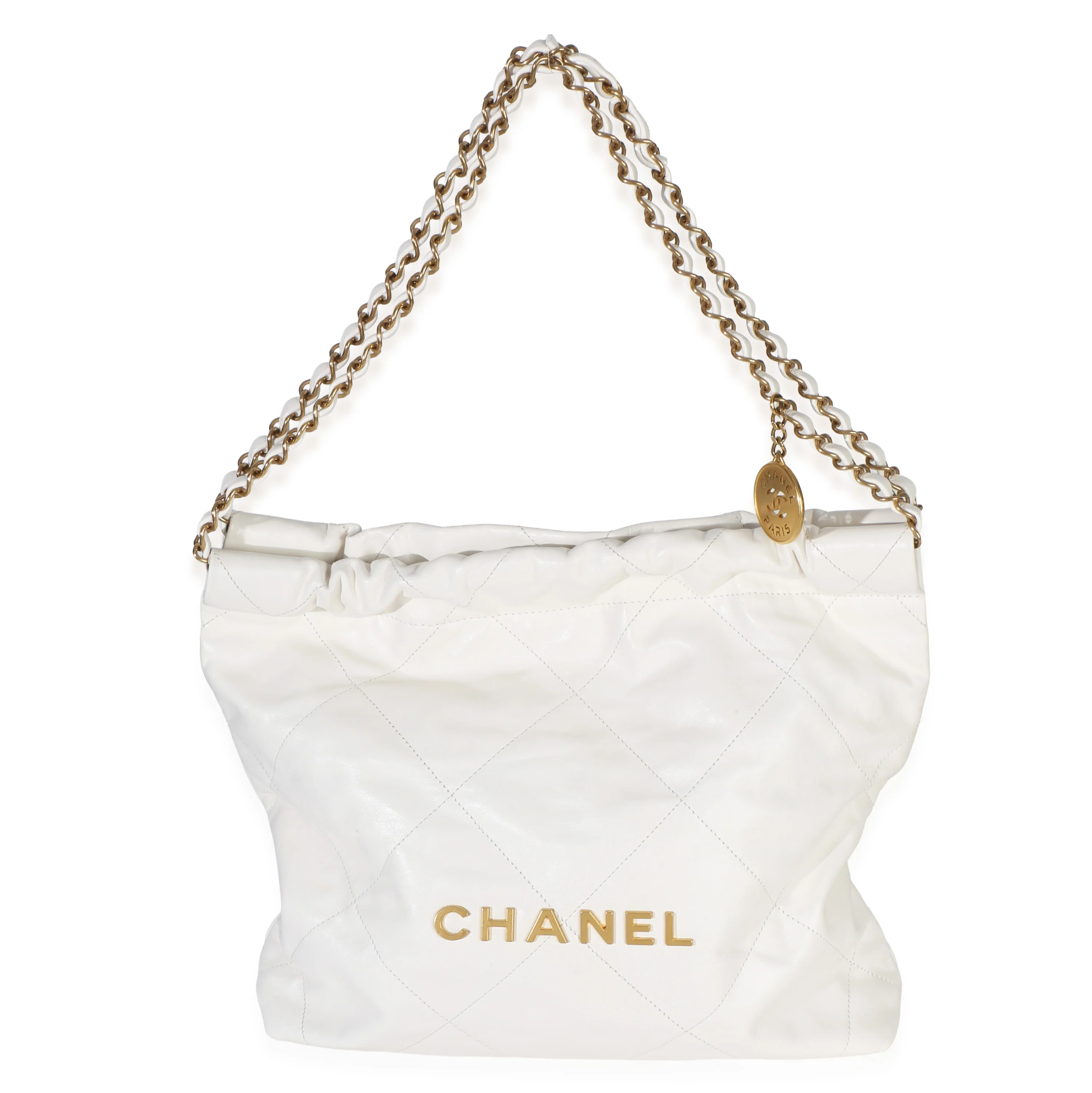 White Shiny Quilted Calfskin Small Chanel 22 Hobo