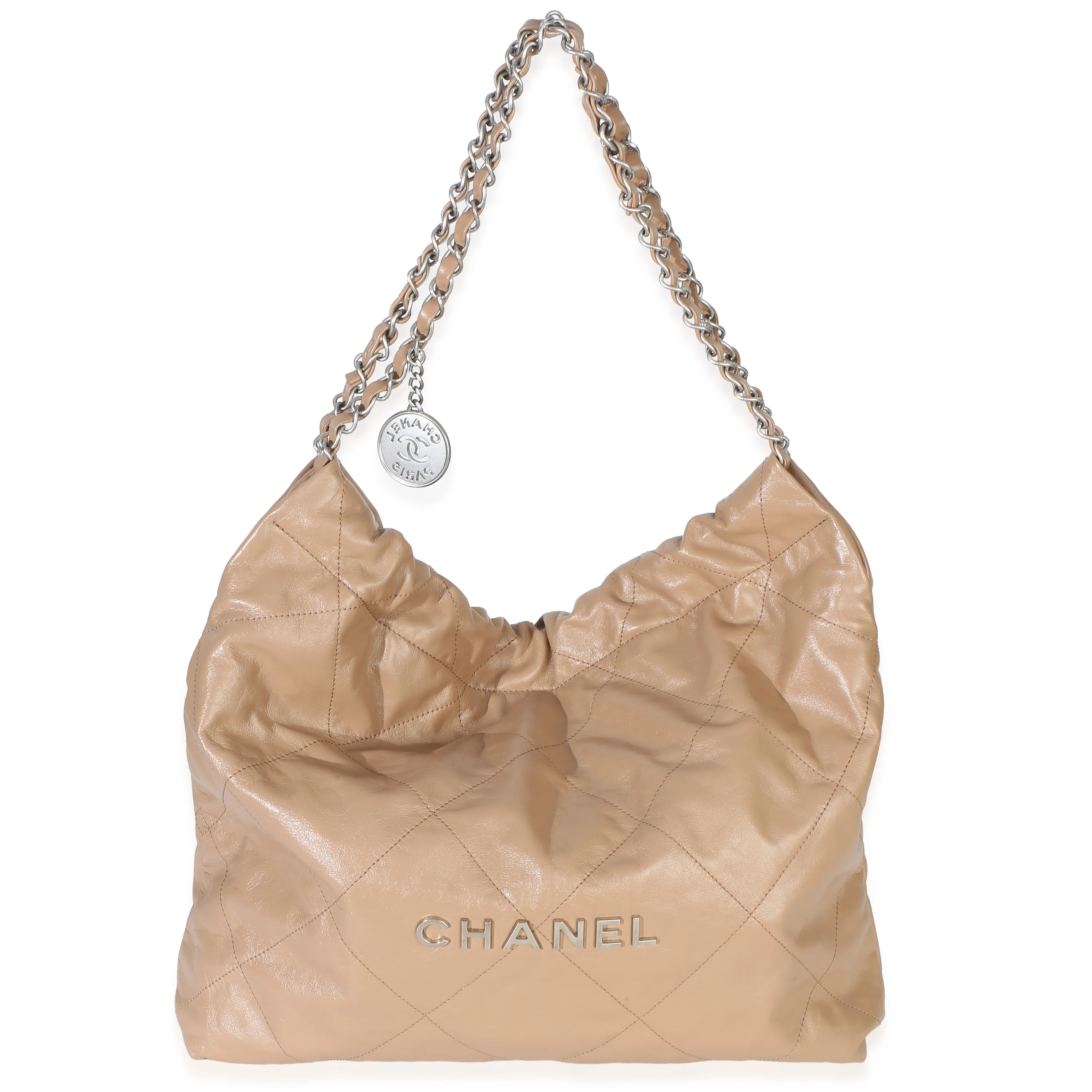 Beige Shiny Quilted Calfskin Small Chanel 22 Hobo
