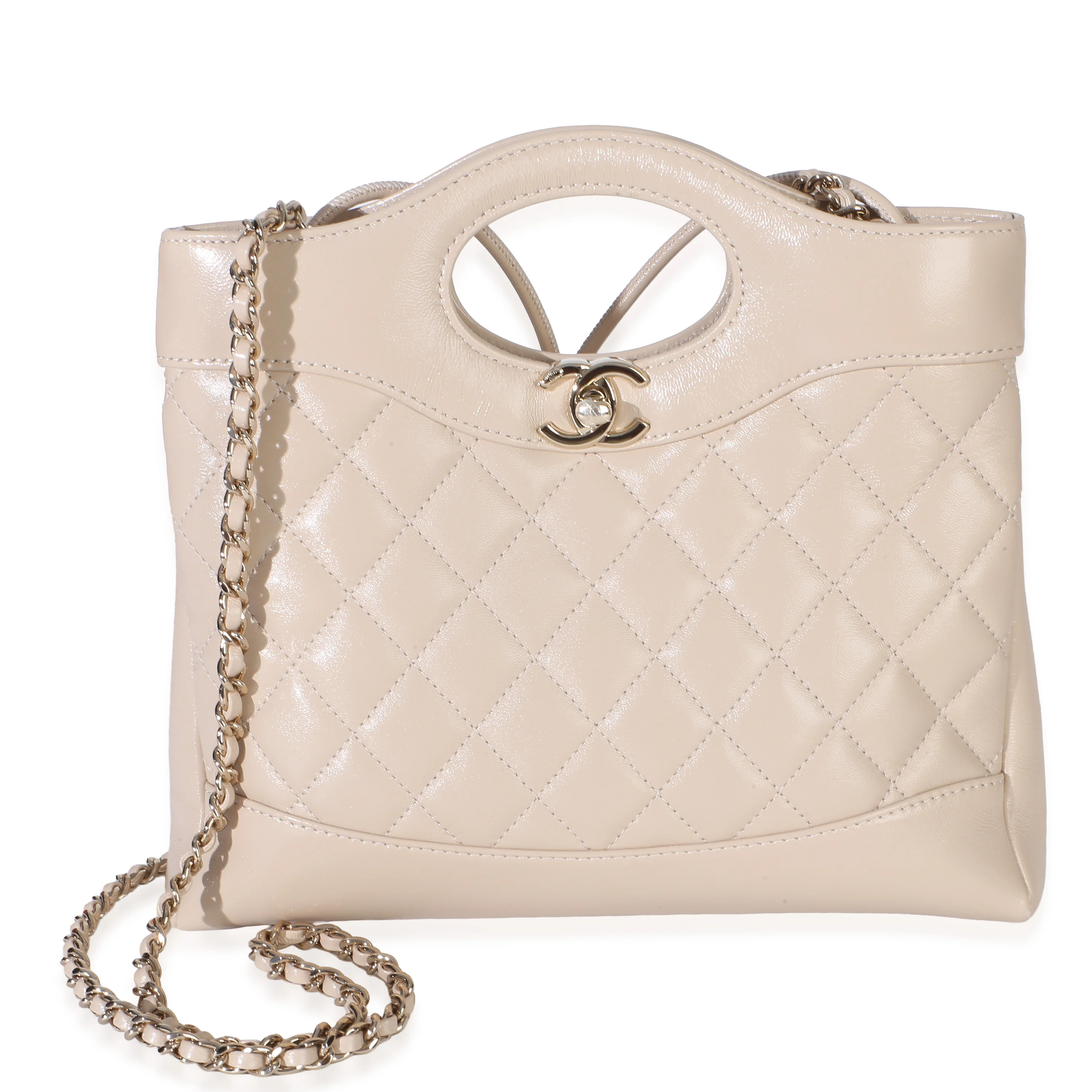 Beige Shiny Crumpled Quilted Calfskin Mini 31 Shopping Bag